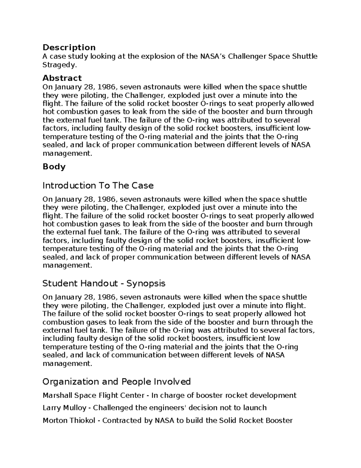 Case Study on NASA's Challenger Disaster: Analyzing Contributing ...