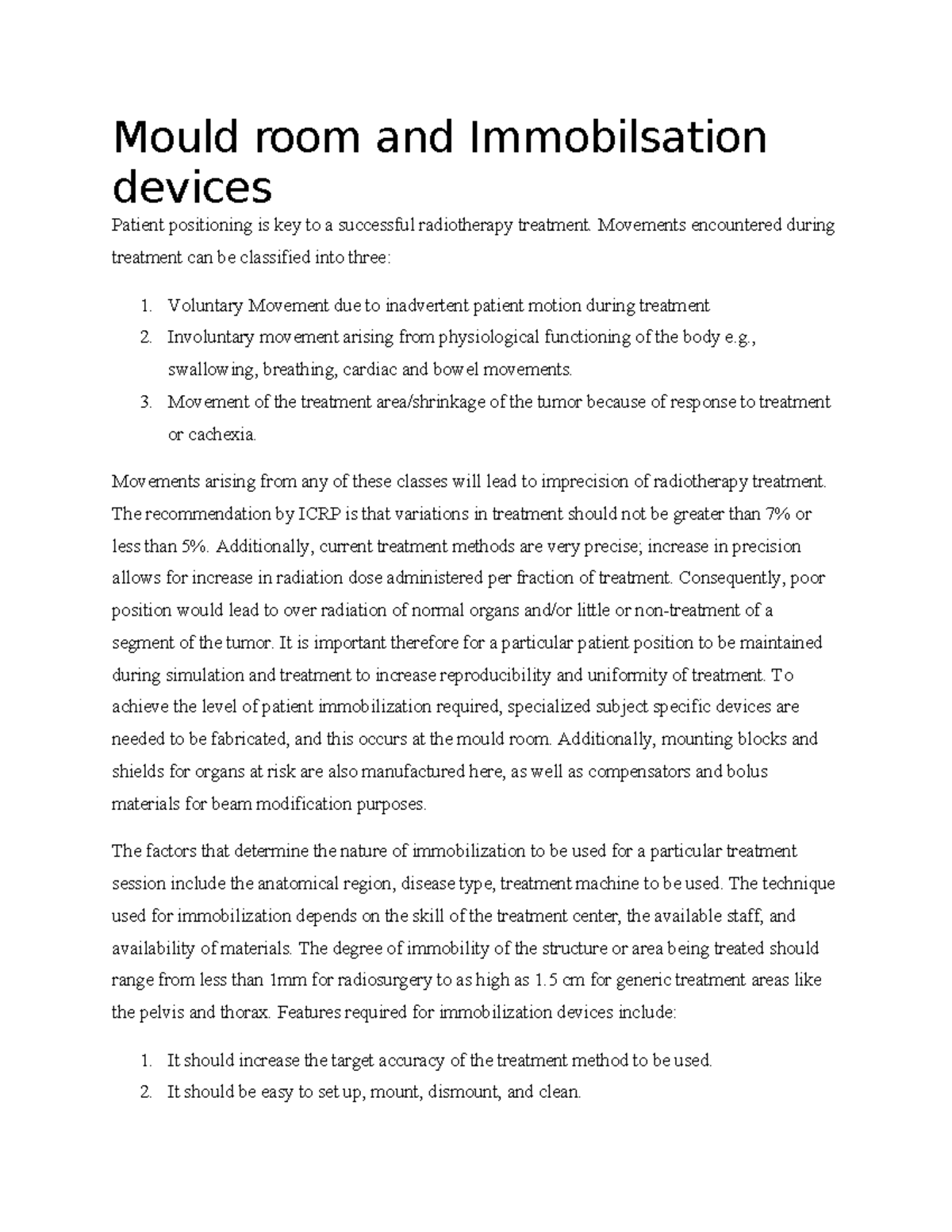 Mould Room Techniques and Immobilization Devices in Radiotherapy - Studocu