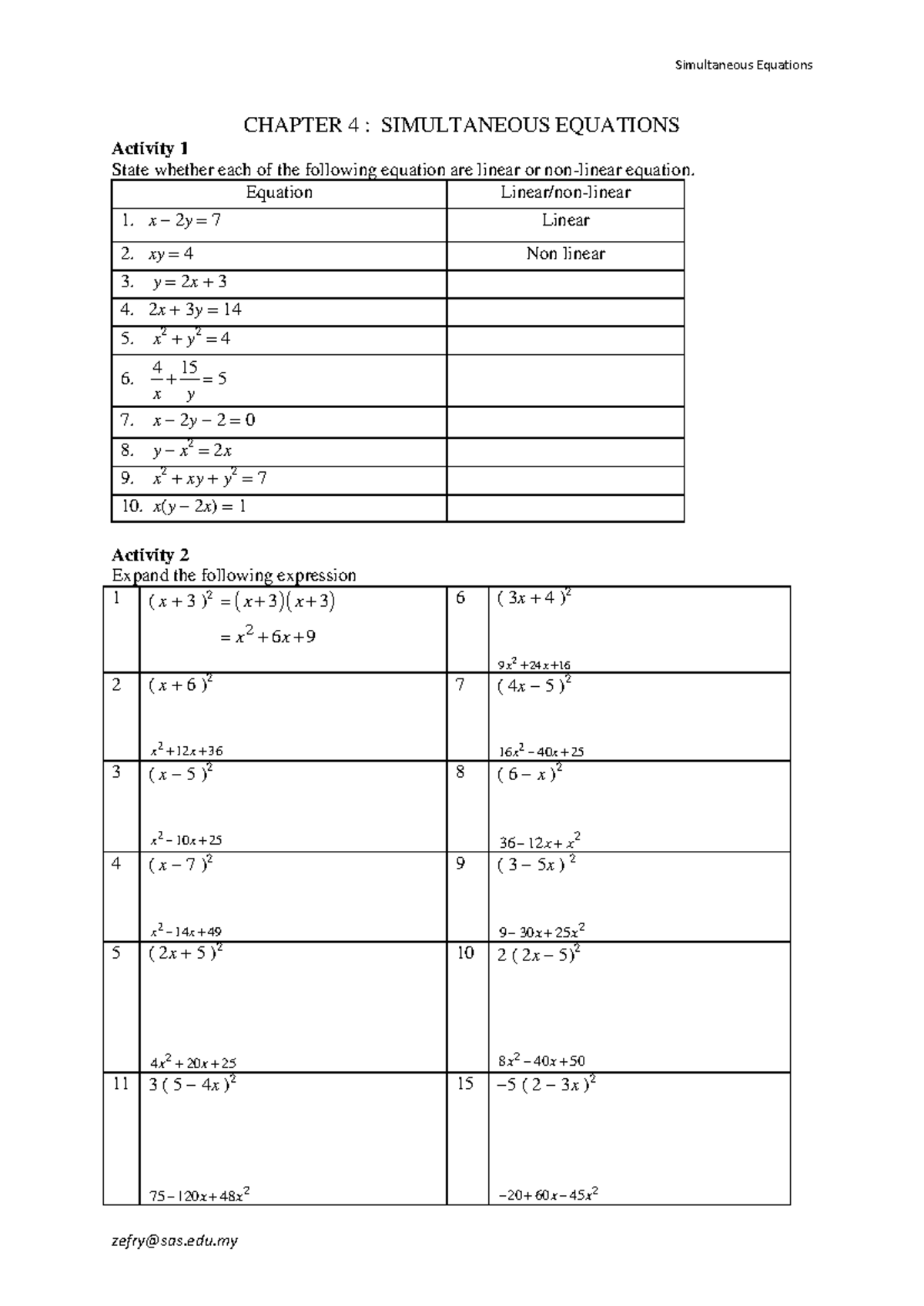 Simultaneous Equations CHAPTER 4: Activities and Solutions - Studocu