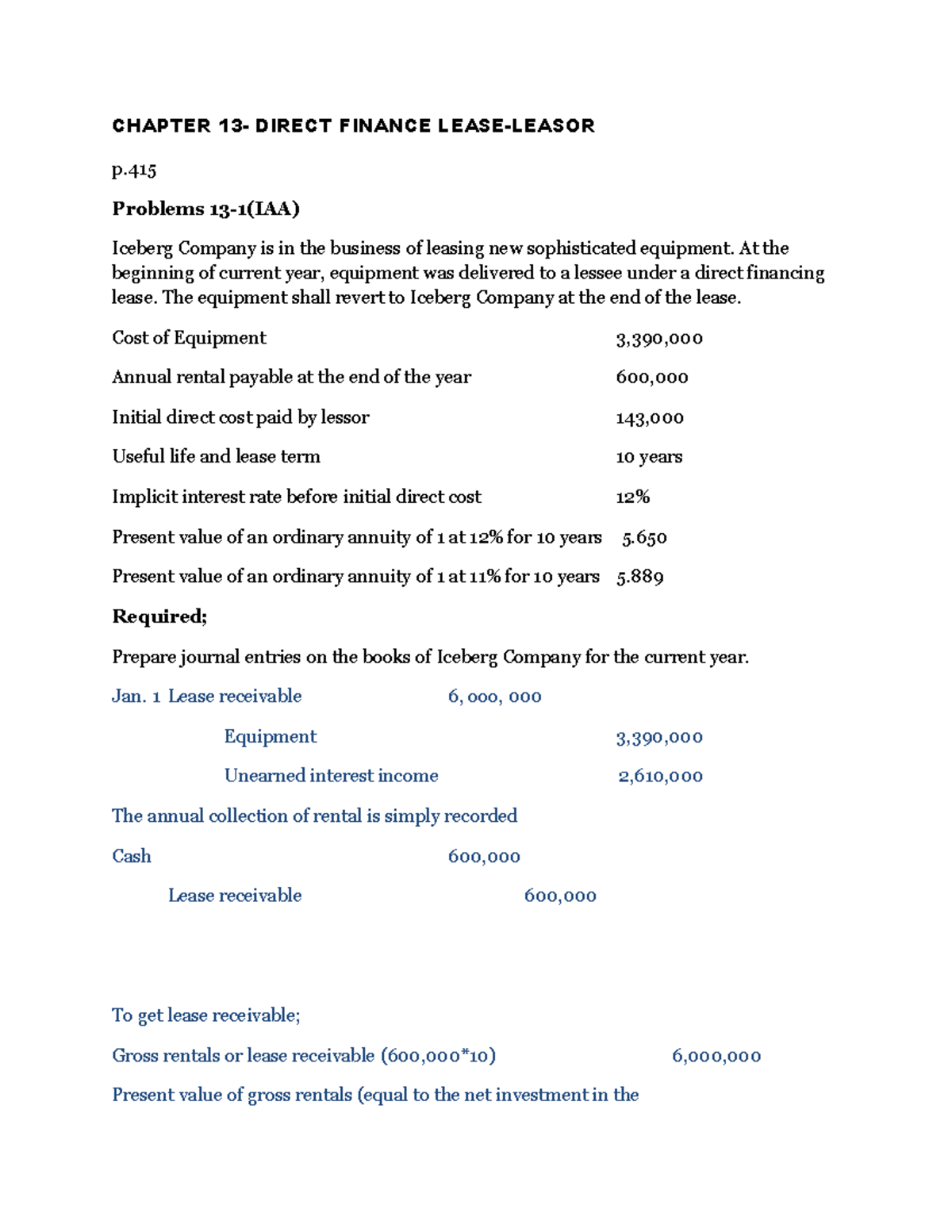 Chapter 13: Direct Financing Lease - Lessor Journal Entries - Studocu