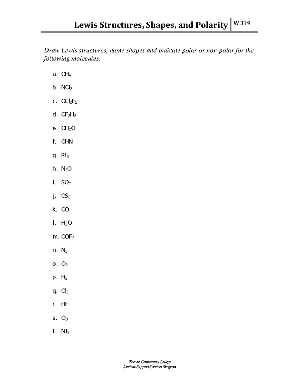 Lewis Structures, Shapes & Polarity Worksheet W 319 - Studeersnel