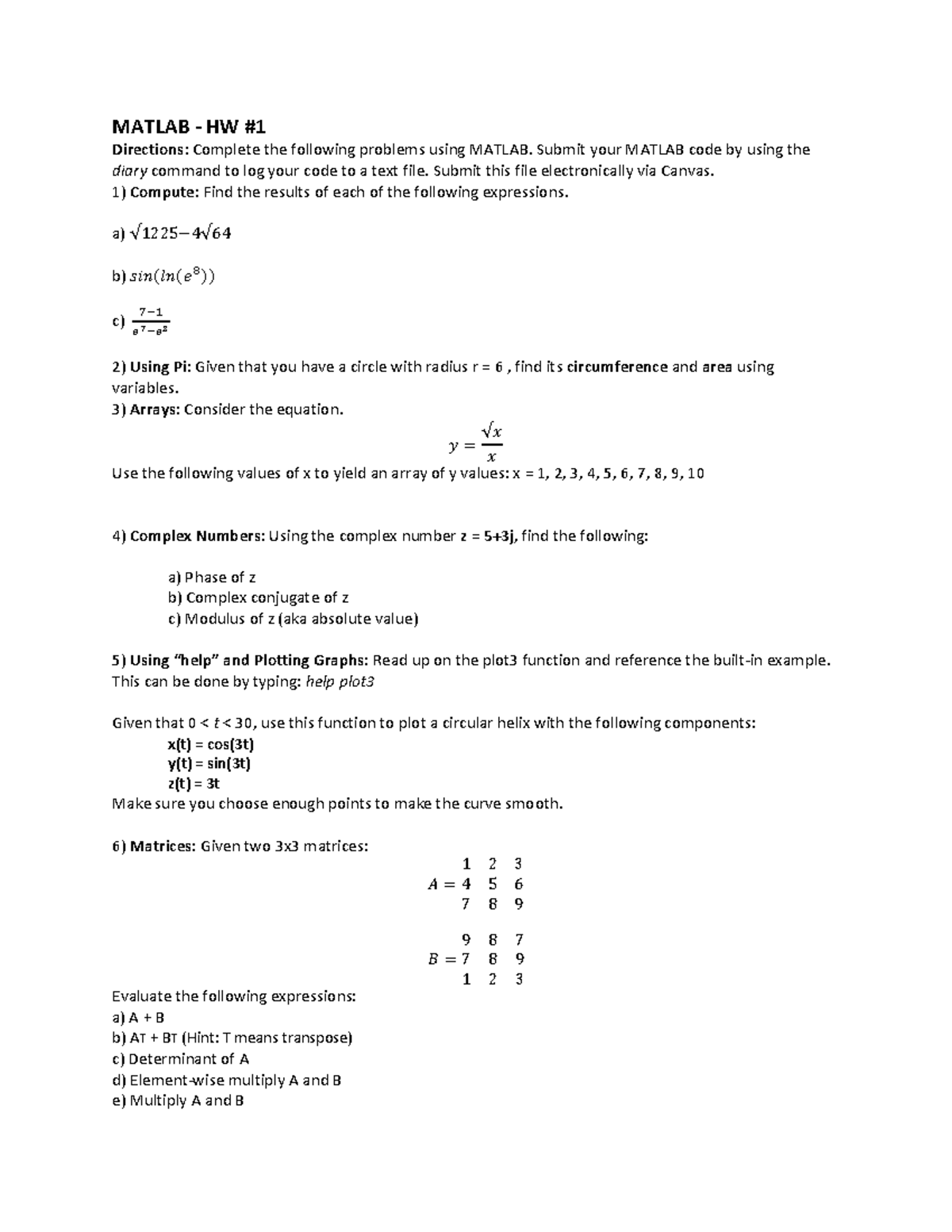 Matlab Assignment 1 S18 - MATLAB HW Directions: Complete the following ...