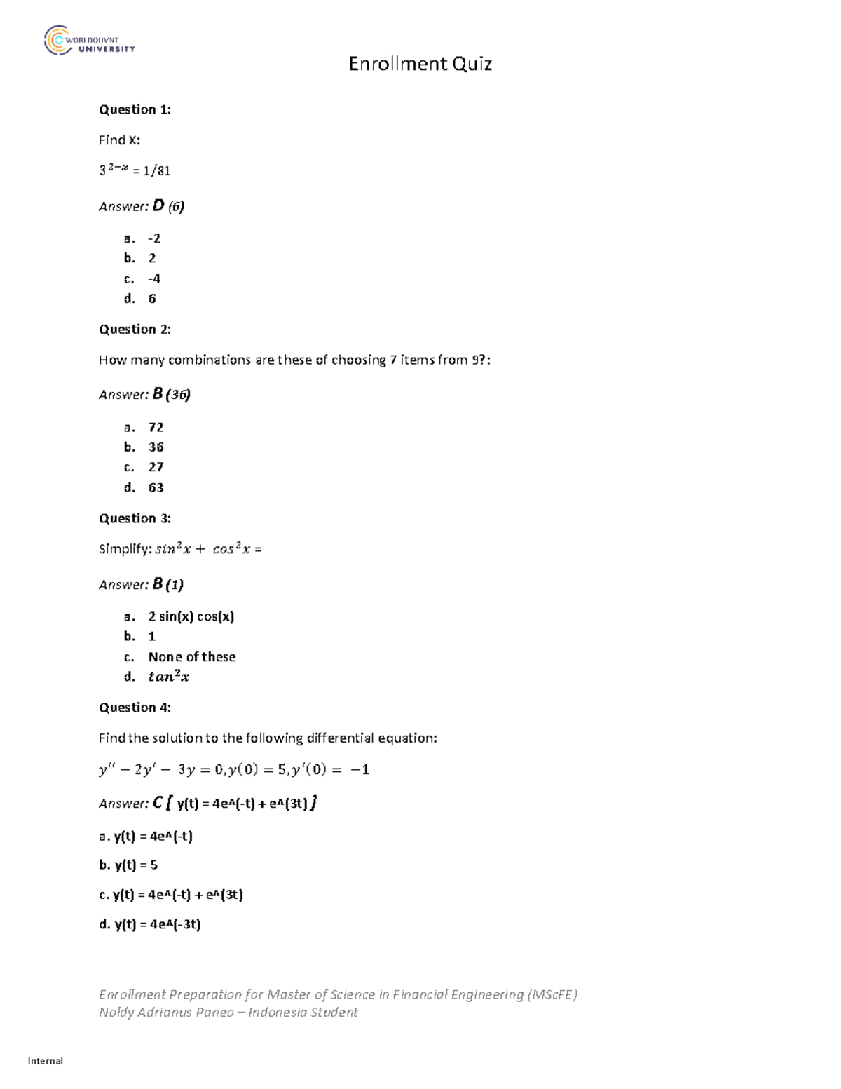 MScFE Enrollment Quiz: Comprehensive Preparation Material - Document Preview