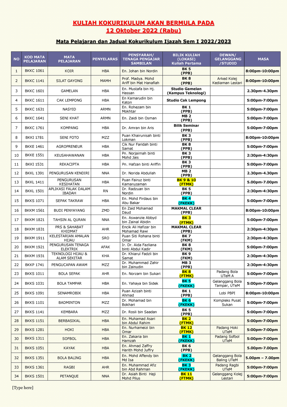 Jadual KOKU Ijazah - Notes - [Type here] KULIAH KOKURIKULUM AKAN ...