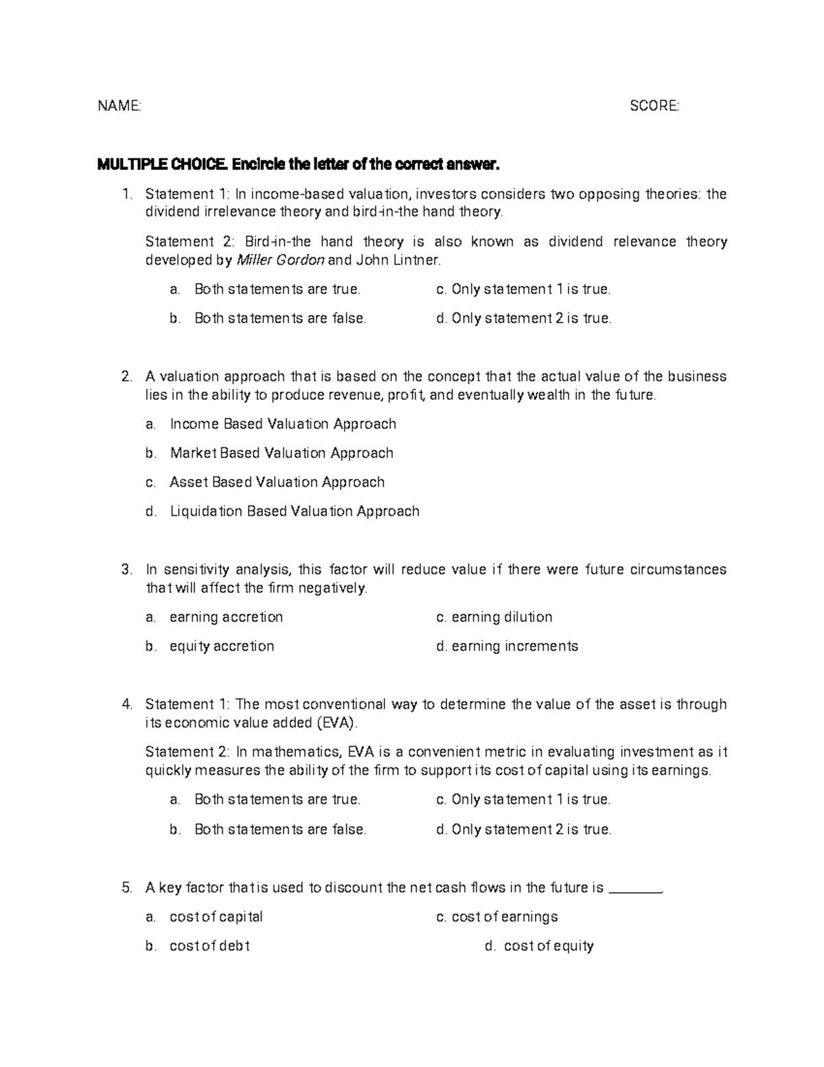 Income Based Valuation Quiz (FIN 202) – Questions & Problem Solving ...