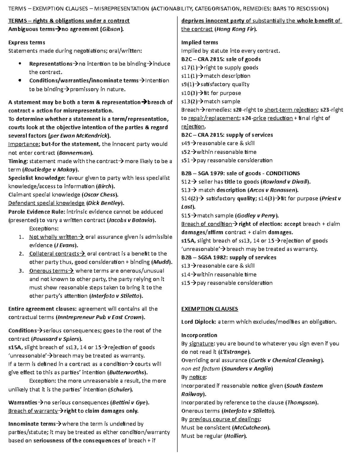 Terms, Exemption Clauses & Misrepresentation: Remedies & Rescission ...