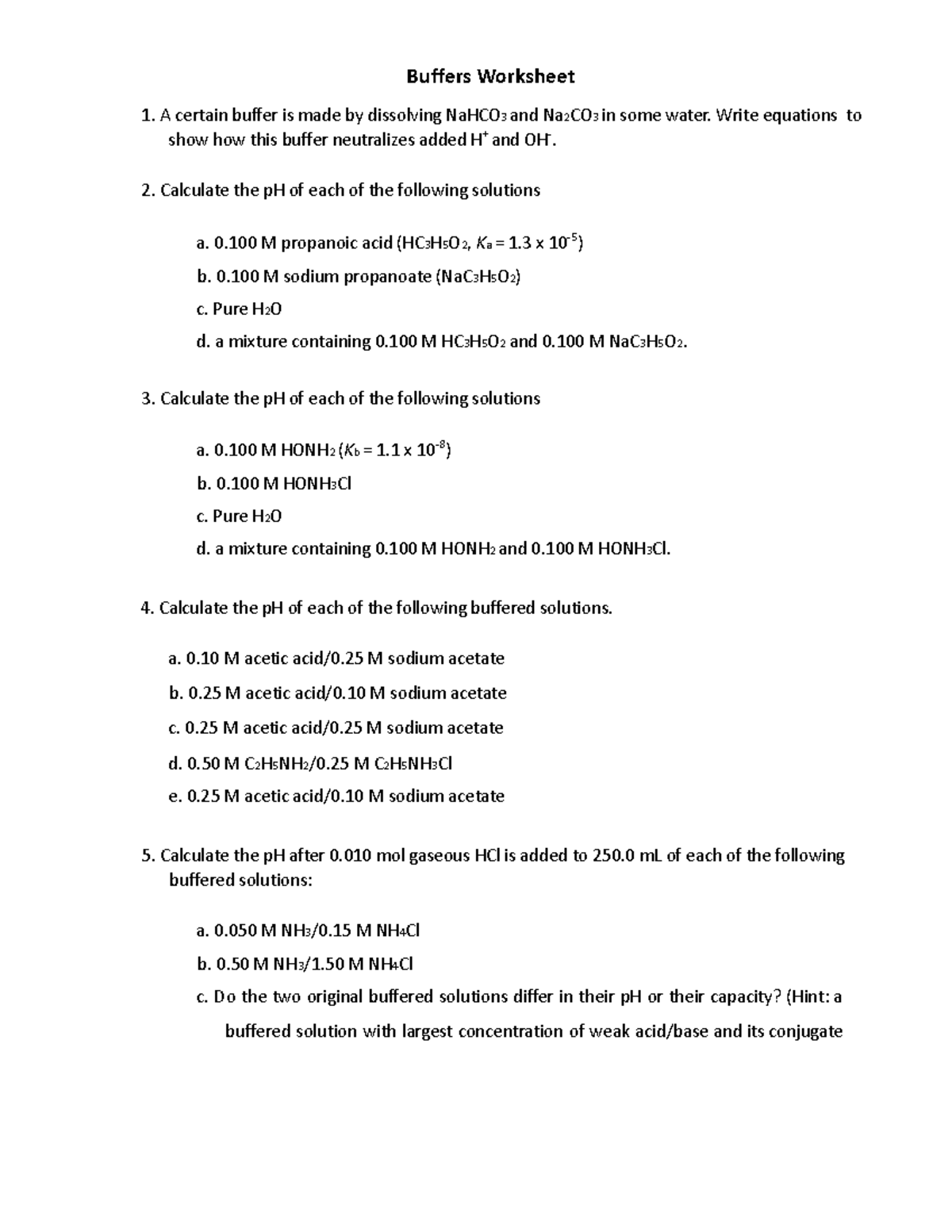 Buffers Worksheet 1: AP Exam Review on Buffer Solutions - Studocu