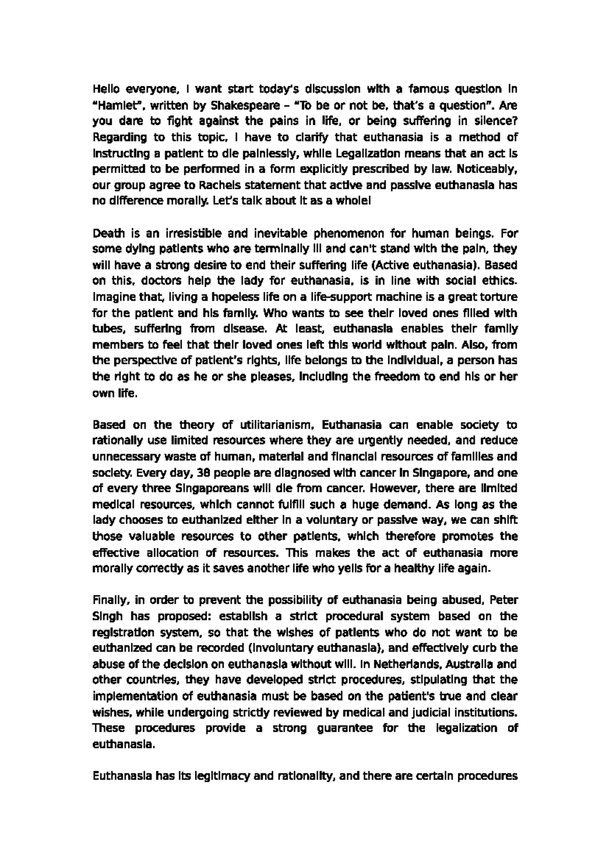 Euthanasia: Example Script for Discussion and Analysis - Studocu