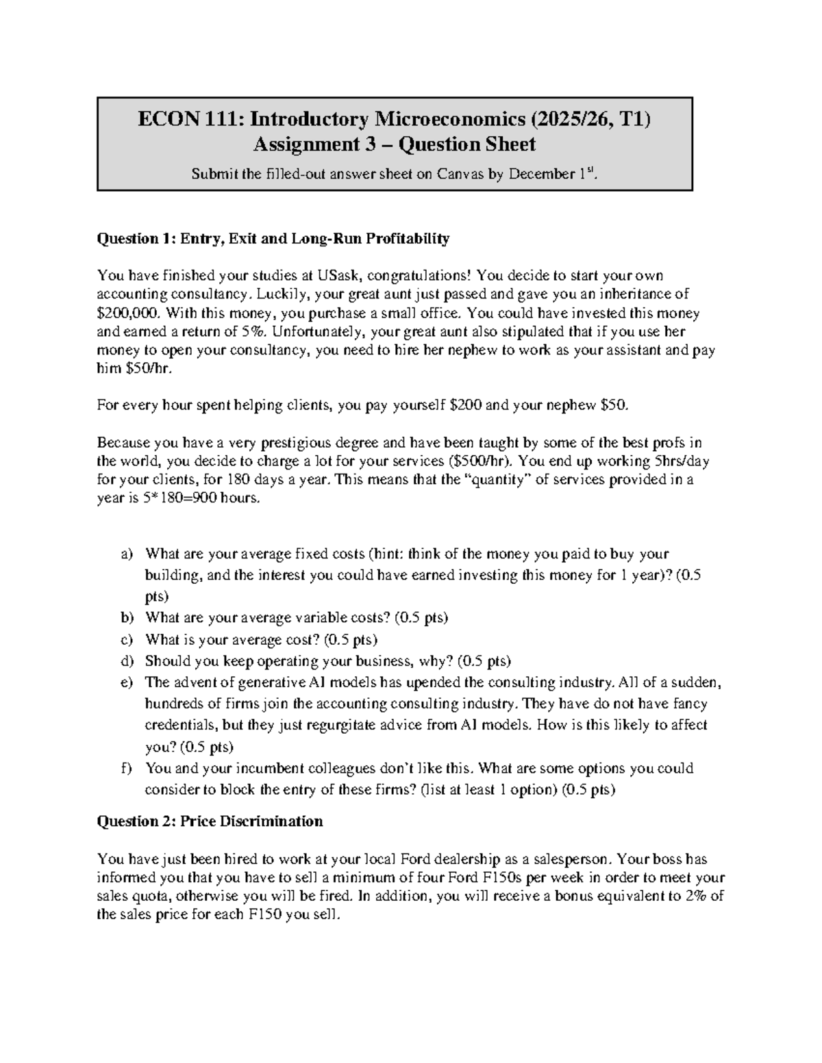 ECON 101: Intro Microeconomics T1 - Assignment 3 Question Sheet - Studocu