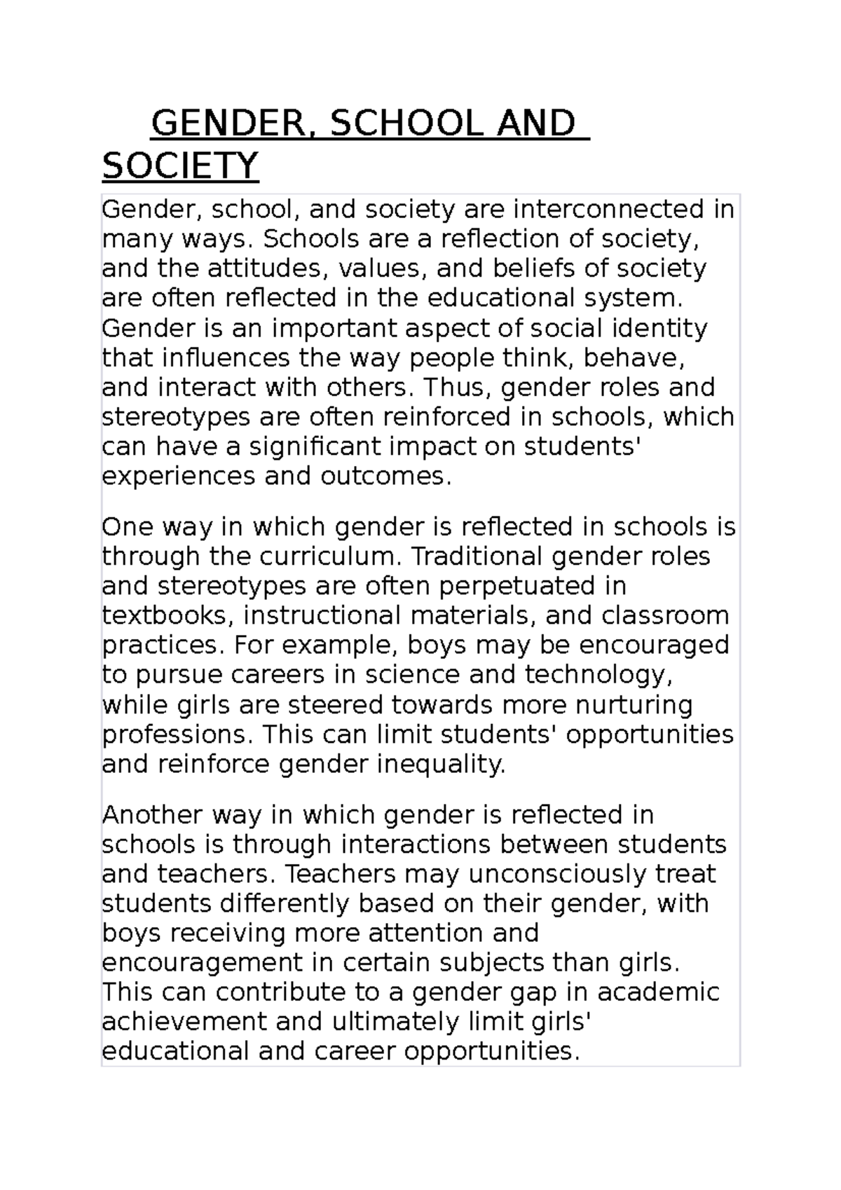 Gender Dynamics in Education: Exploring Gender's Role in Schools - Studocu