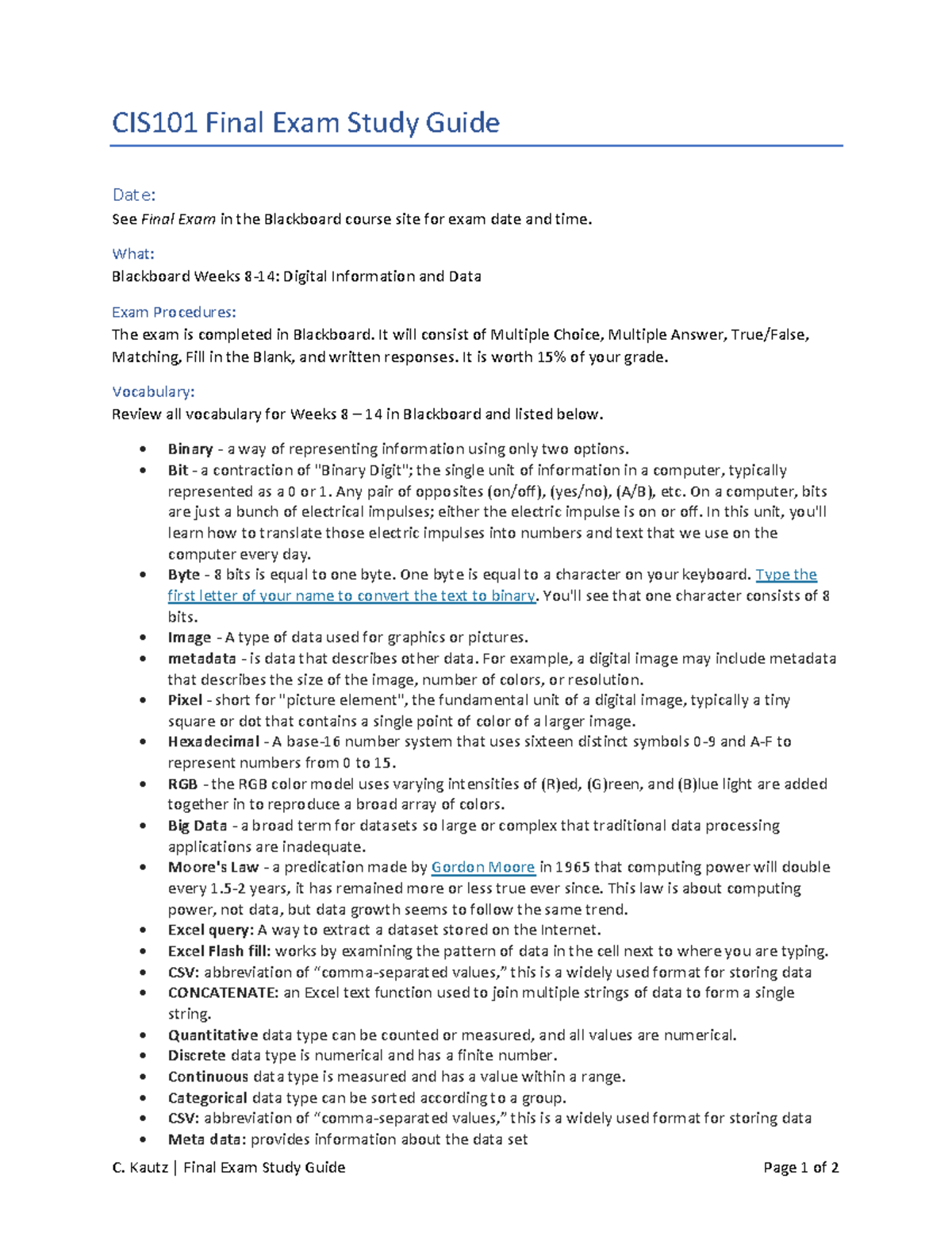 CIS101 Final Exam Study Guide: Digital Info & Data Concepts - Studocu