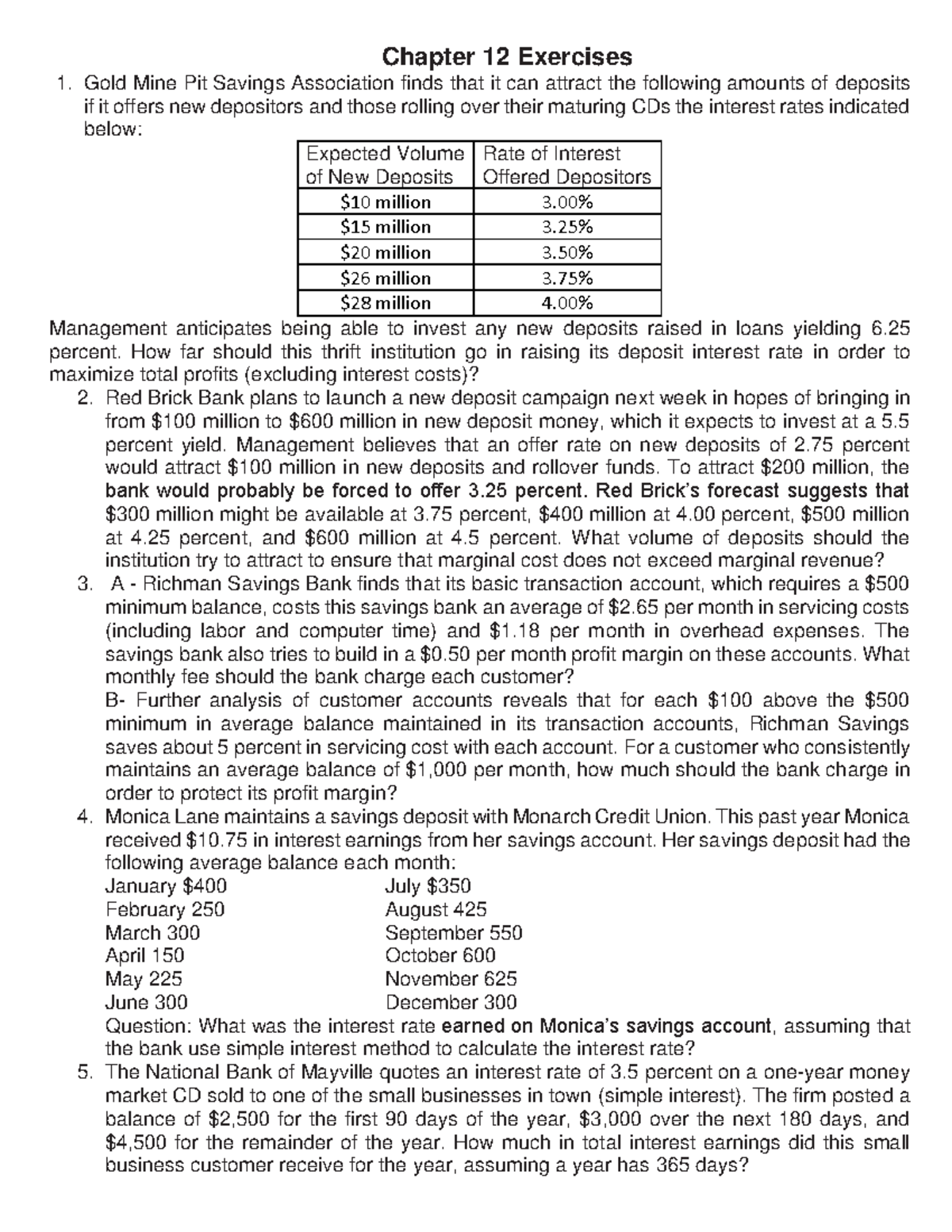 Chapter 12 - Banking Exercises and Interest Rate Analysis - Studocu