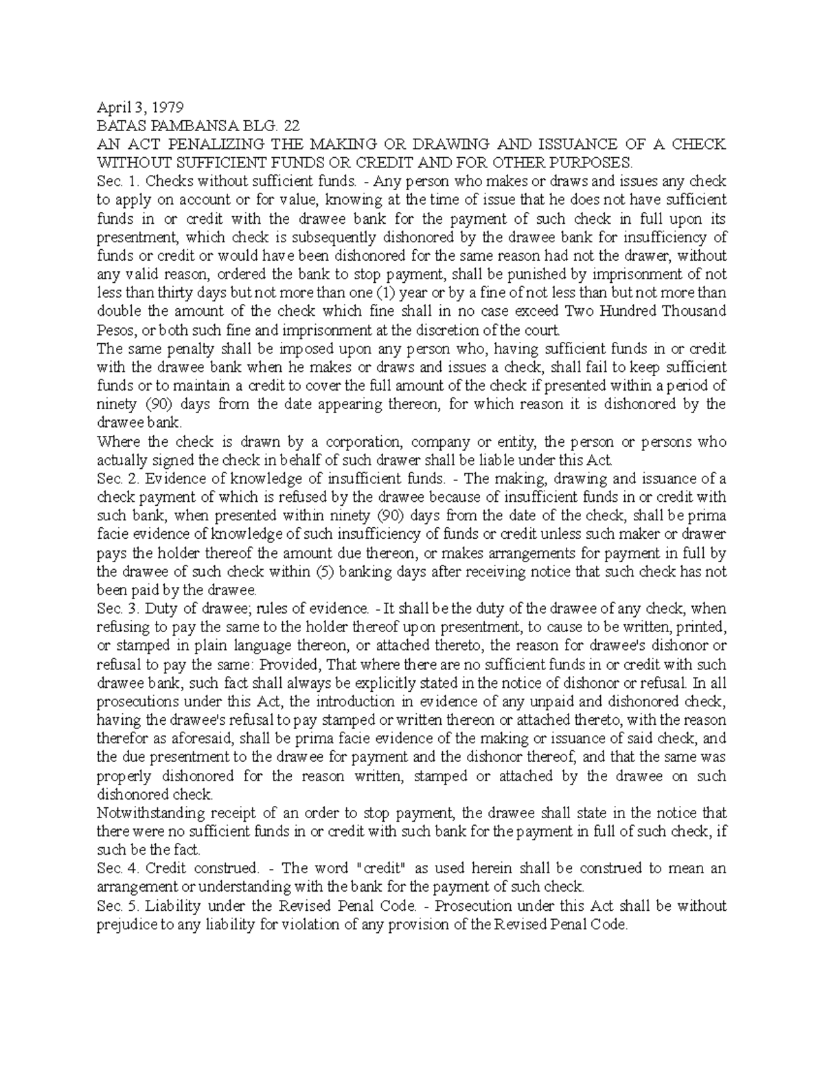 BP 22 - Notes on the Act Penalizing Insufficient Funds Checks - Studocu