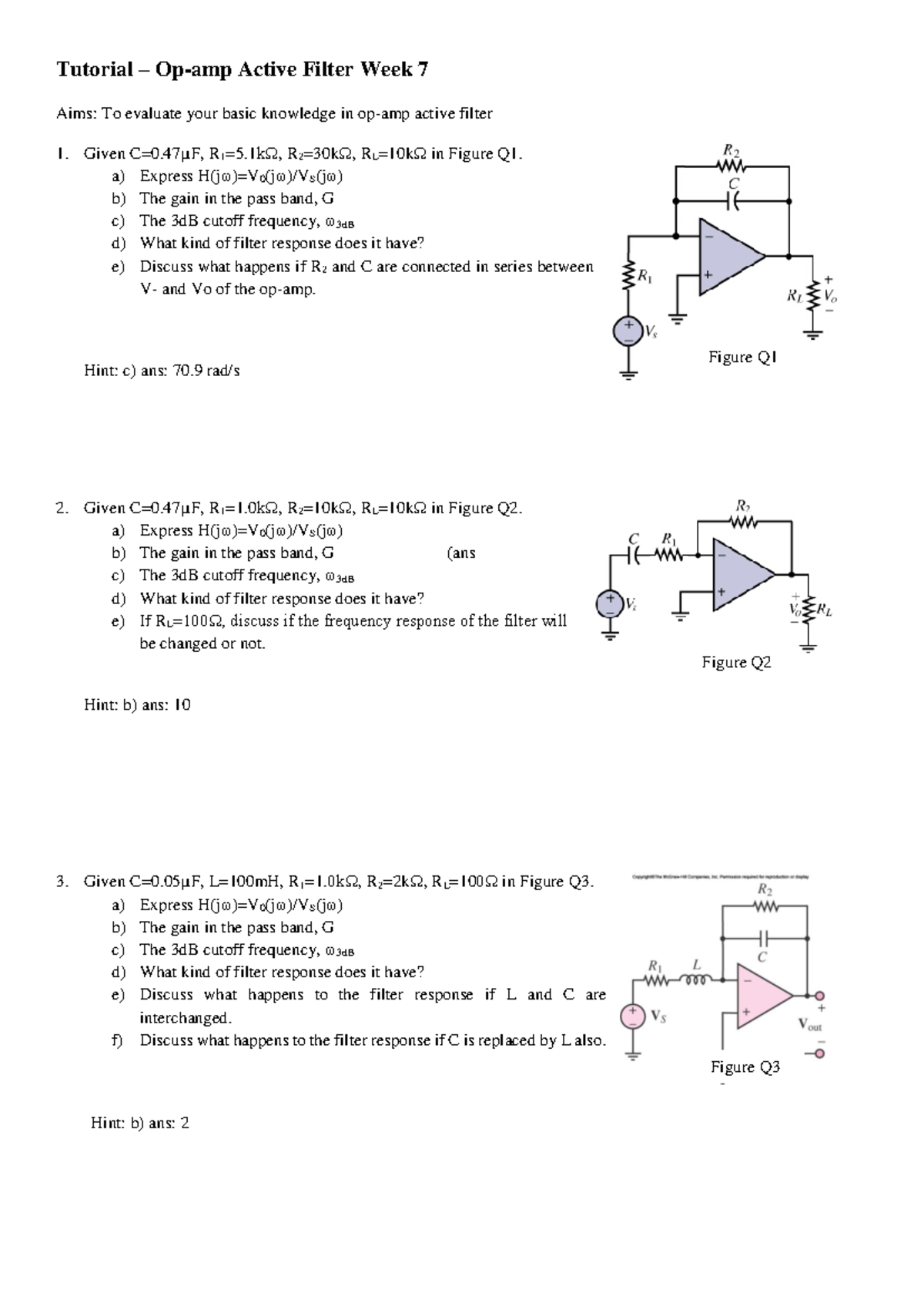 Tutorial on Op-amp Active Filter Week 7 - 1kΩ, R 2 = 30 kΩ, RL= 10 kΩ ...