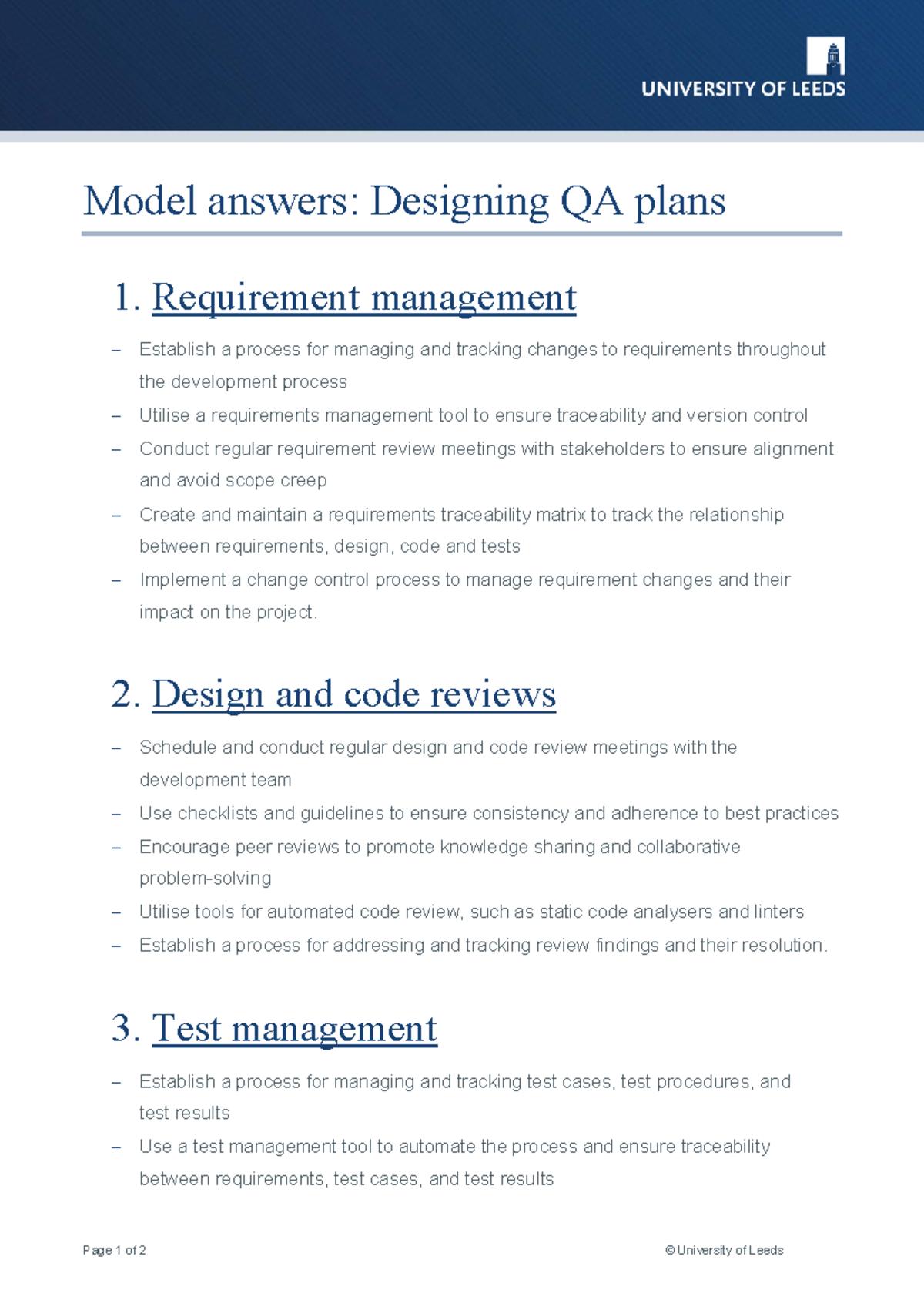 Model Answers: Designing QA Plans - Requirement & Test Management - Studocu