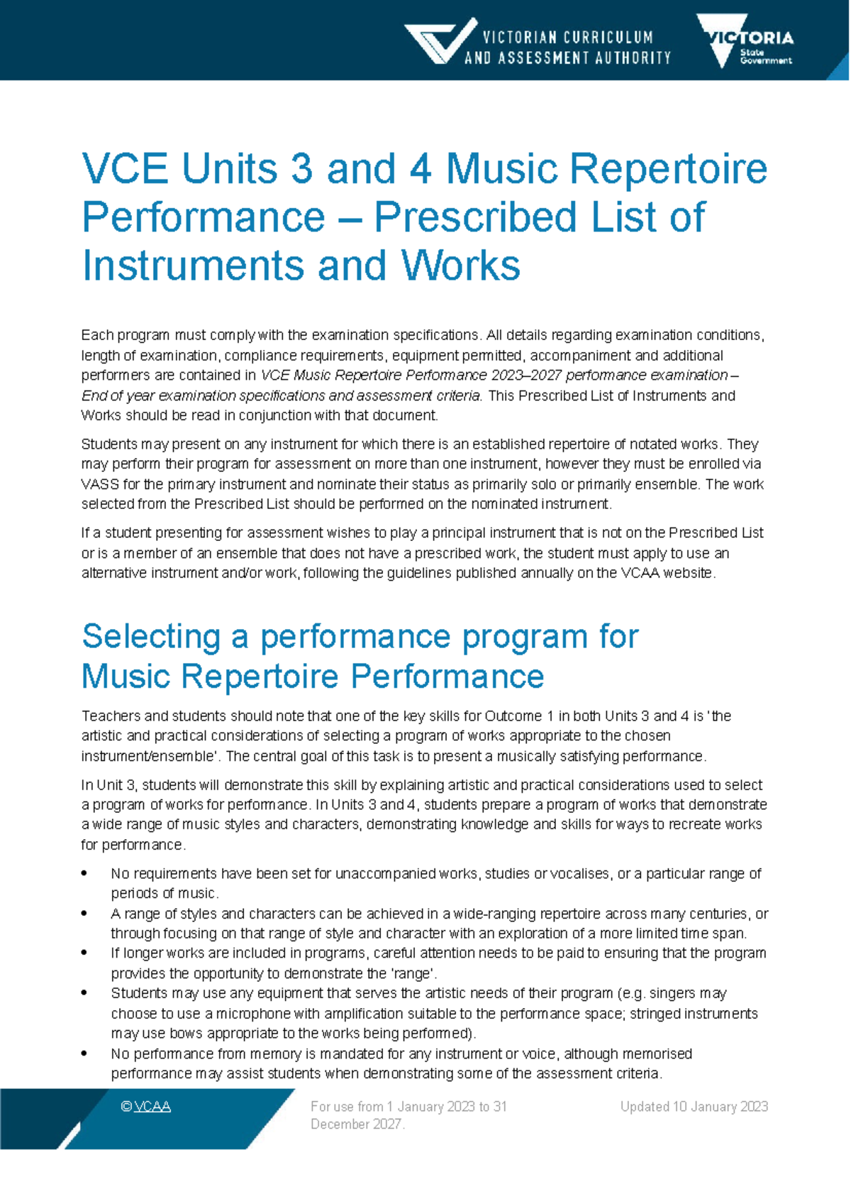 VCE 2023 Music Repertoire Performance Units 3 & 4: Prescribed Works ...