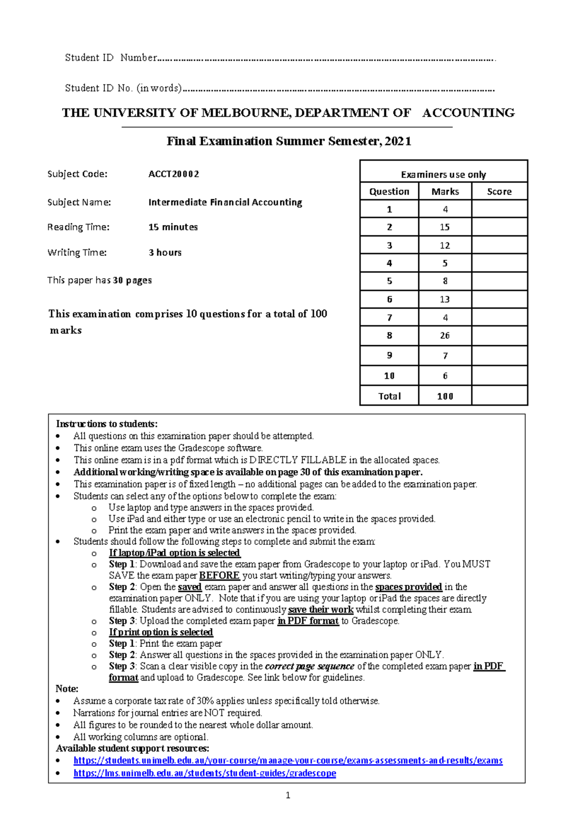 Intermediate Financial Accounting ACCT2000 Final Exam Paper Summer 2021 ...