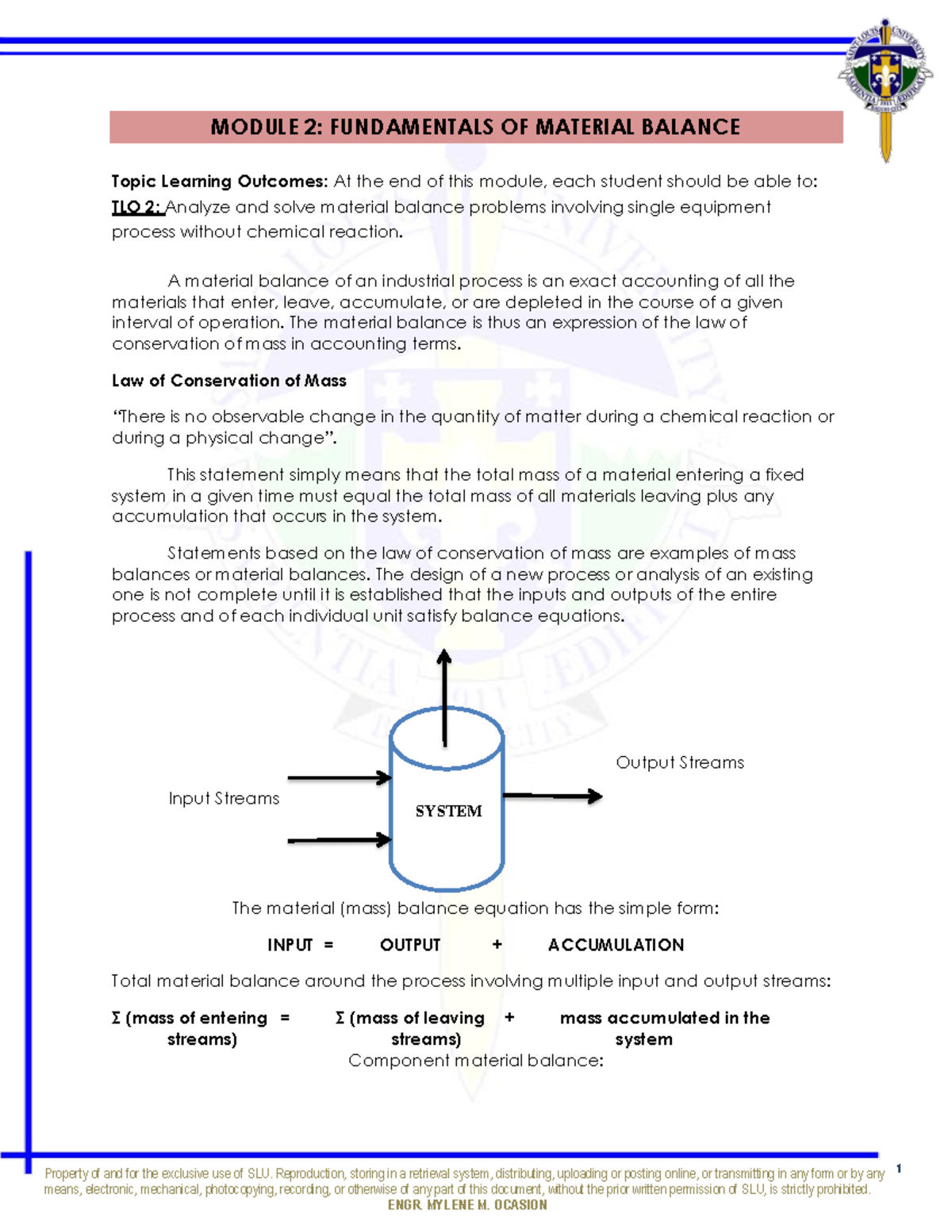 CHE 1211 Module 2: Fundamentals of Material Balance and Processes - Studocu