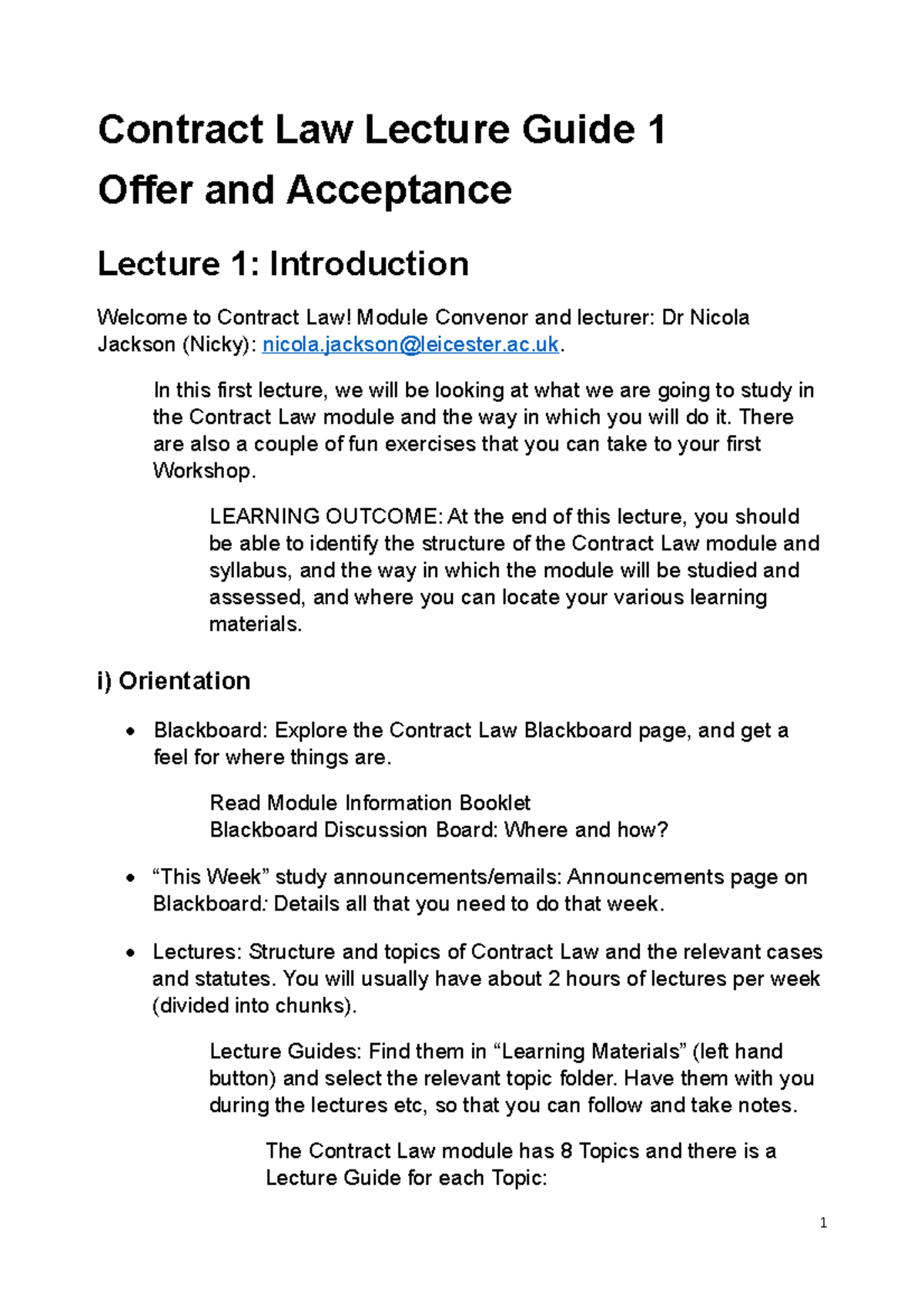 LW2130 Contract Law Lecture Notes - Key Topics Overview - Studocu