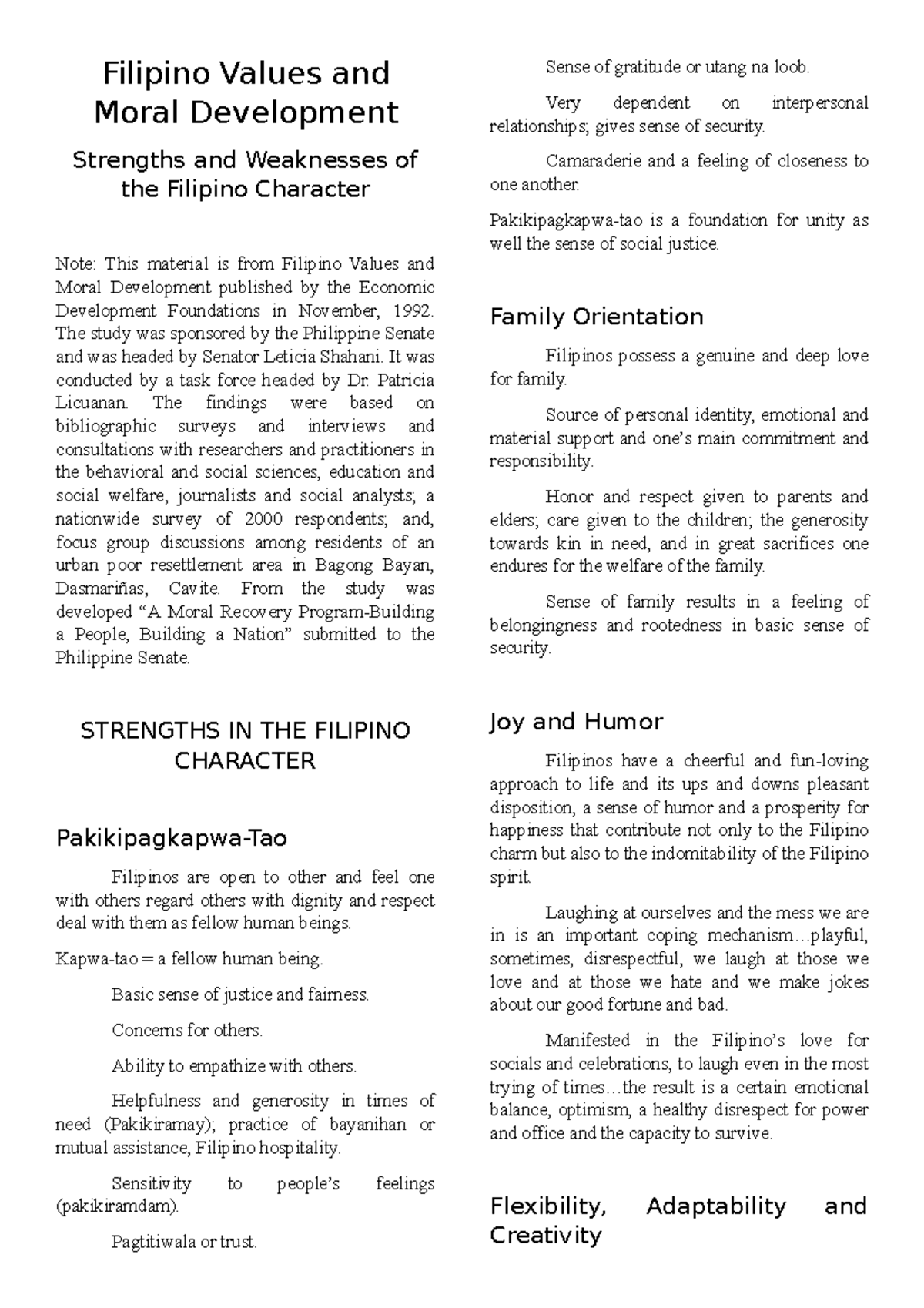 Lecture on Filipino Values and Moral Development Analysis - Studocu