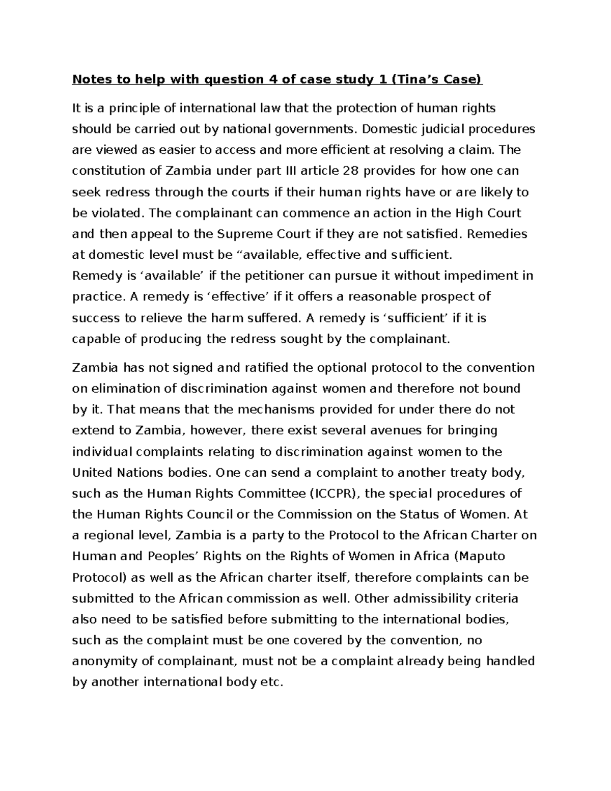 Case Study 1: Human Rights Protection in Zambia - Tutorial Q4 Notes ...