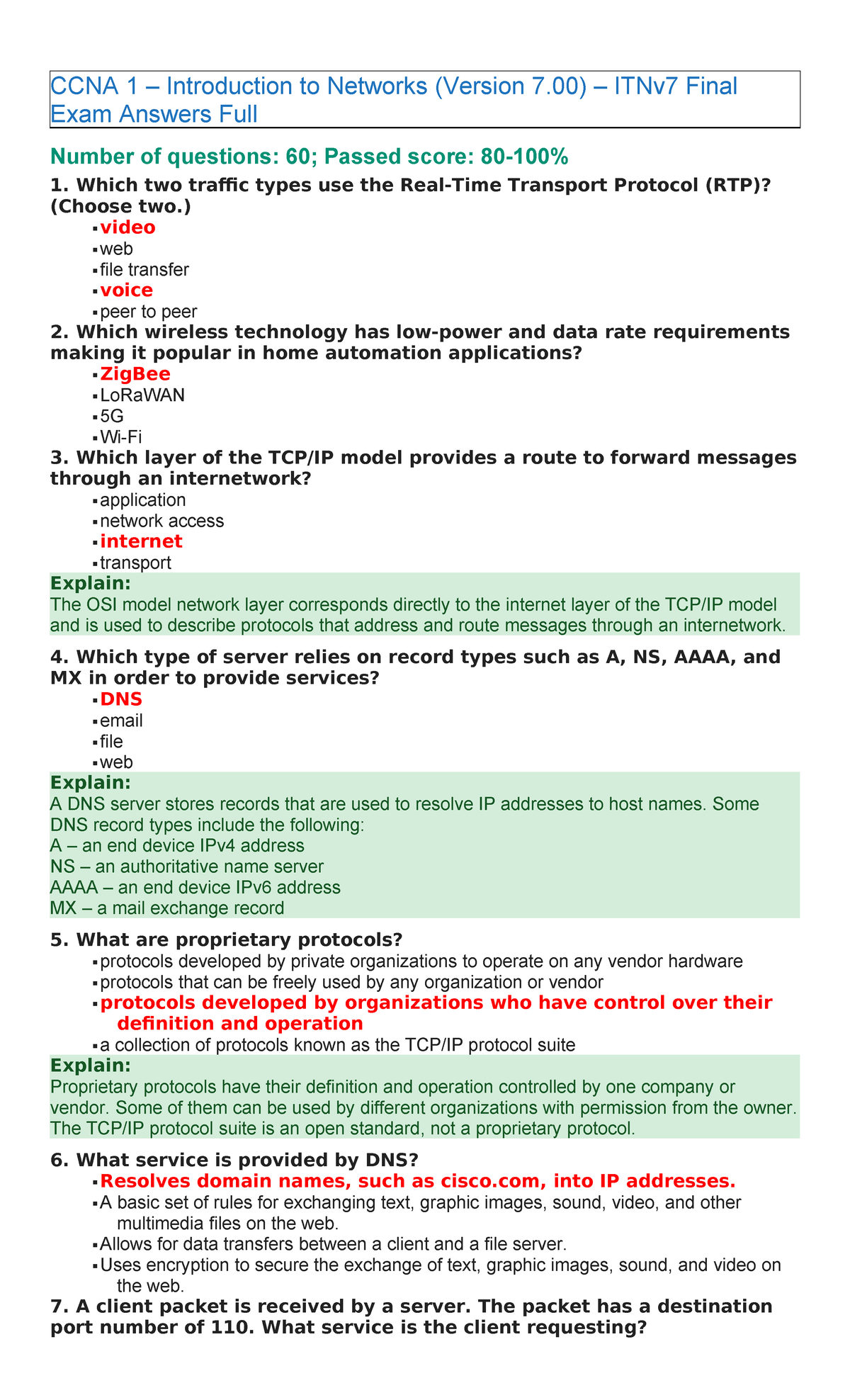 CCNA 1 ITNv7 Final Exam Answers and Explanations (Version 7.00) - Studocu