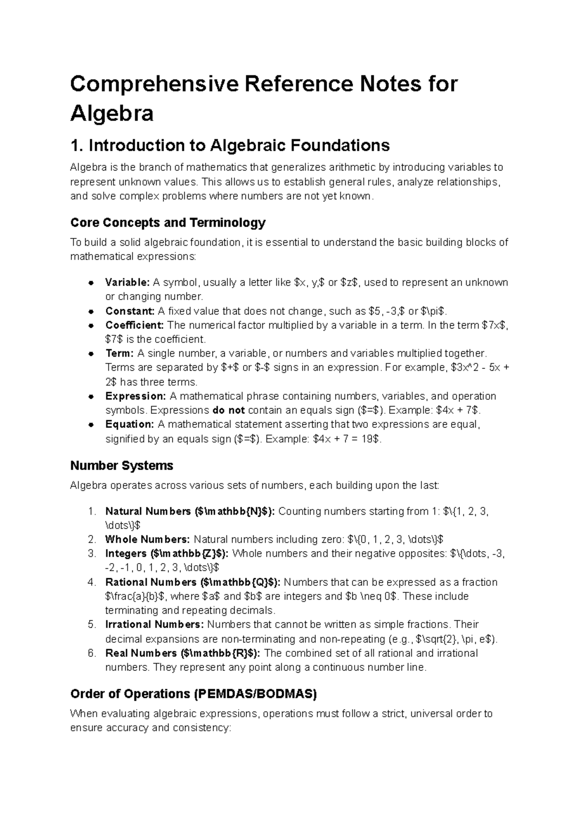 Algebra 1: Comprehensive Reference Notes for Foundations and Concepts ...