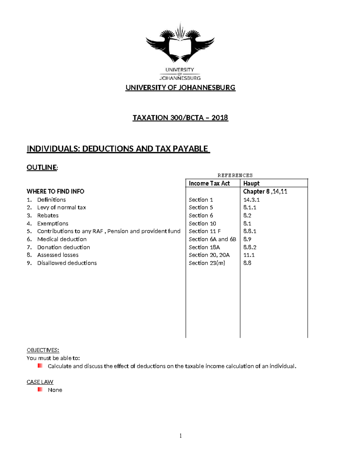 UJ TAXATION 2018: INDIVIDUAL DEDUCTIONS & TAX PAYABLE OUTLINE - Studocu
