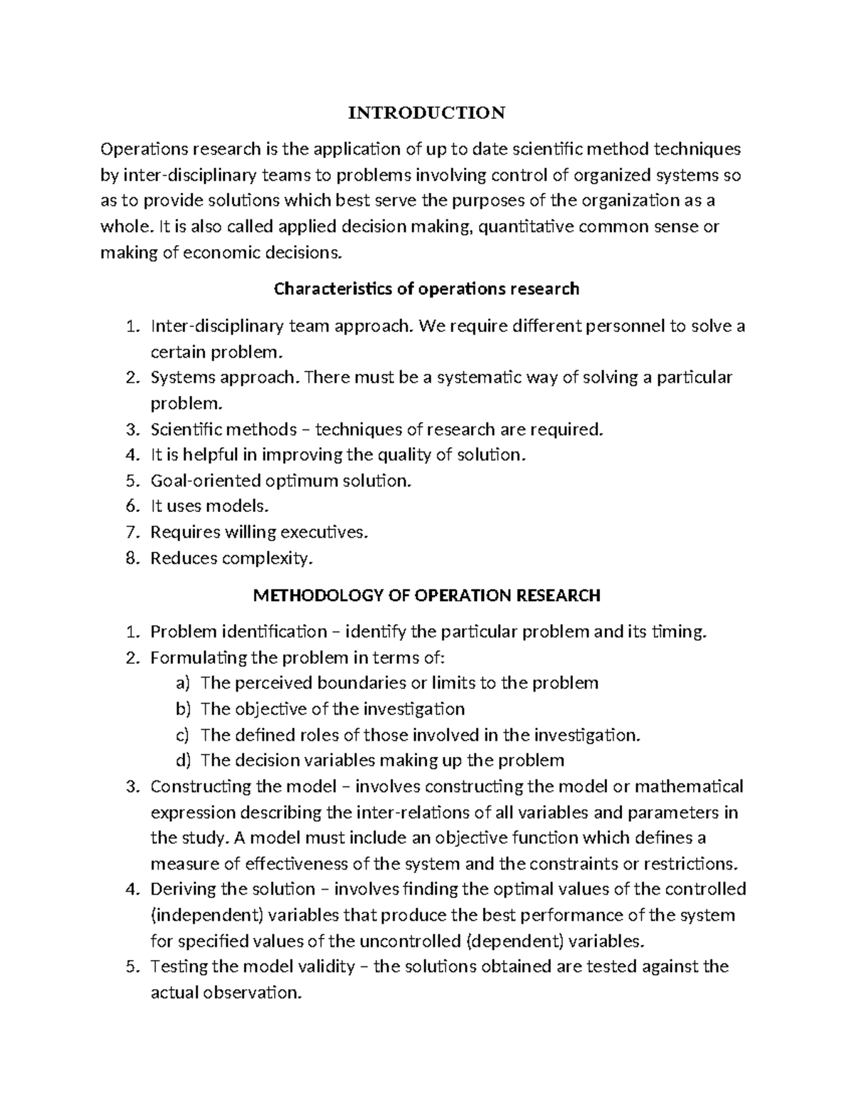 COM 322 Lecture 1 Notes(1) - Copy - INTRODUCTION Operations research is ...