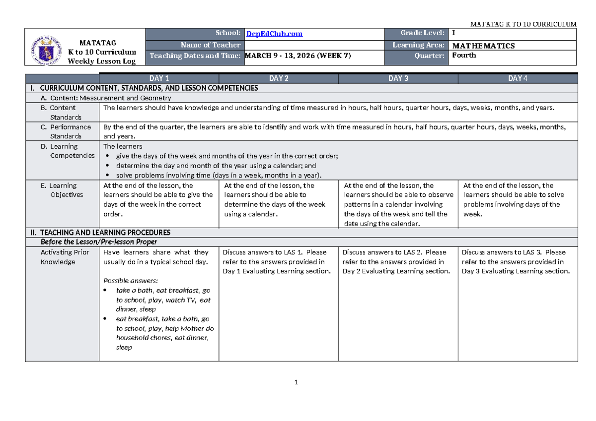 DTC DLL Matatag Mathematics 1 Q4 Week 7 Lesson Plan - Studocu