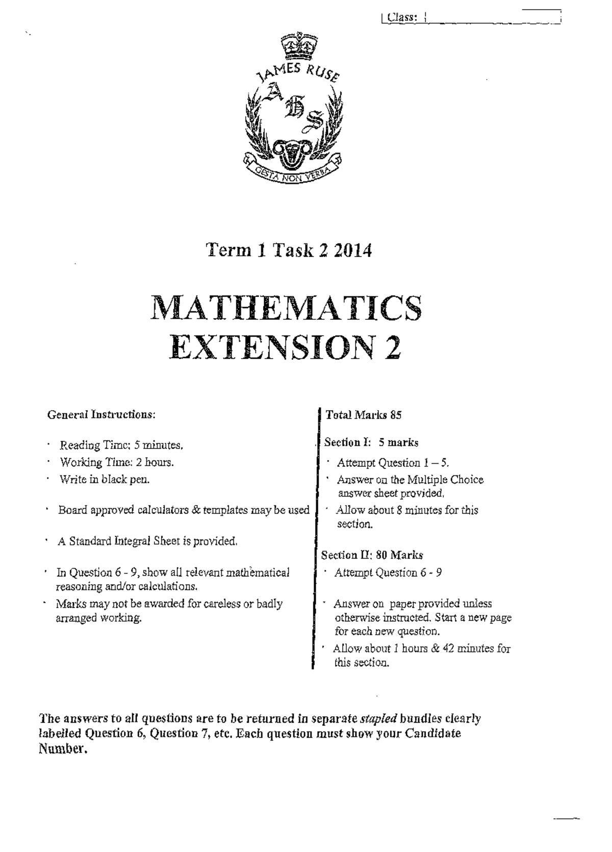 2014 MATHEMATICS EXTENSION 2 Term 1 Task 2 Solutions - Studocu