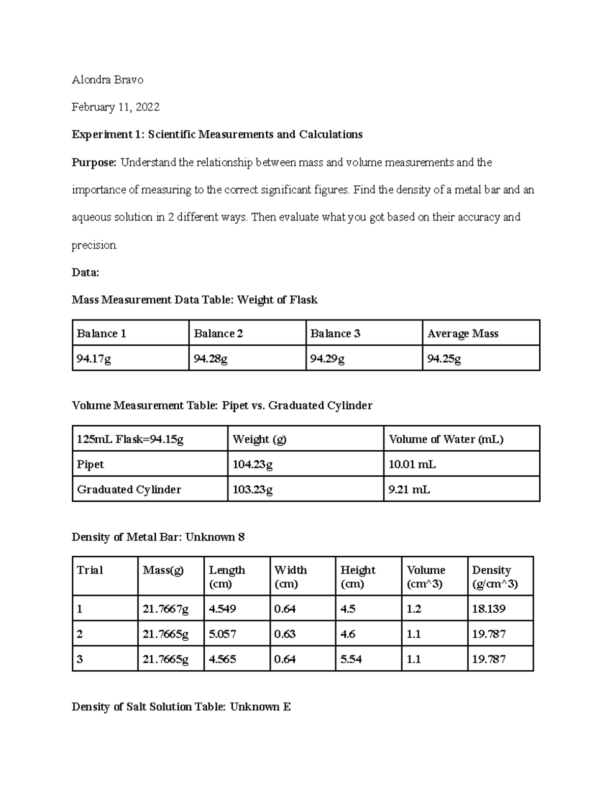 Lab Report: Scientific Measurements & Calculations - Exp 1 - Studocu