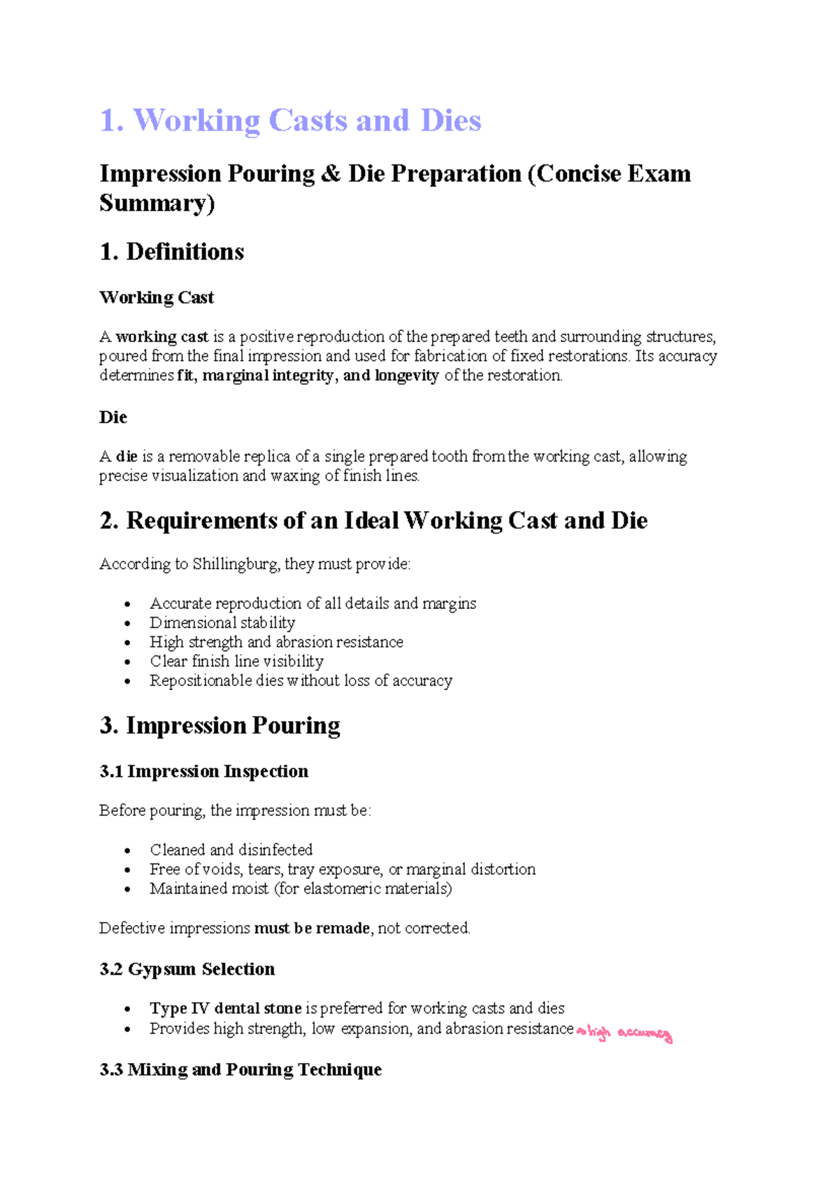 Ppd 1: Working Casts, Dies & Impression Pouring Exam Summary - Studocu
