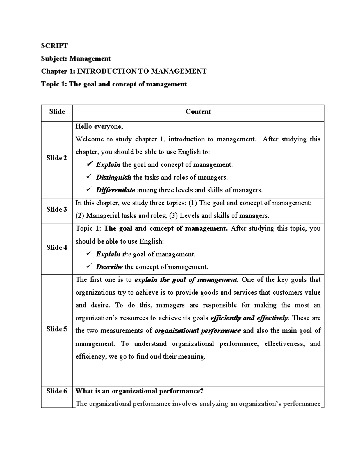 SCRIPT: Management Chapter 1 - Introduction to Management Notes - Studocu