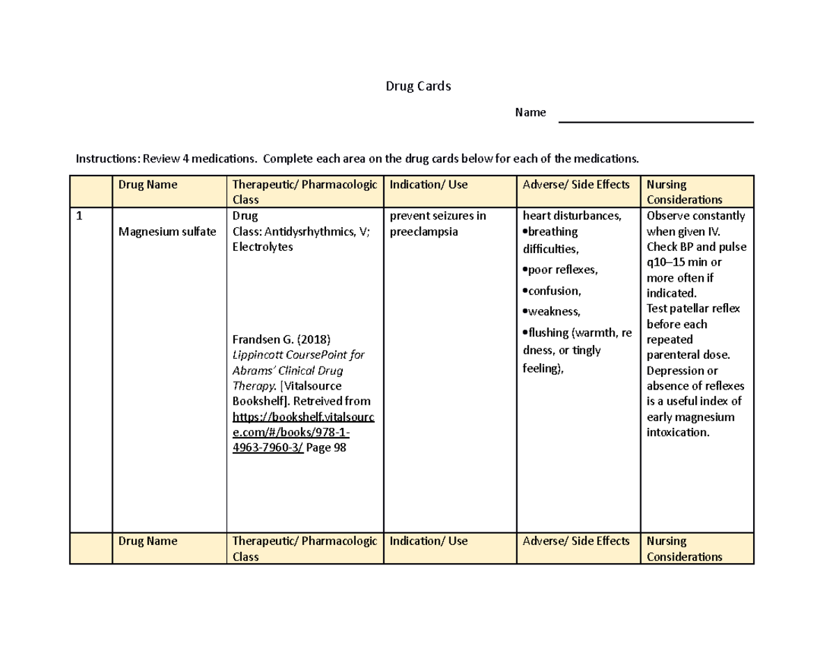 OB Drug Cards - Medications Overview for Nursing Students - Studocu
