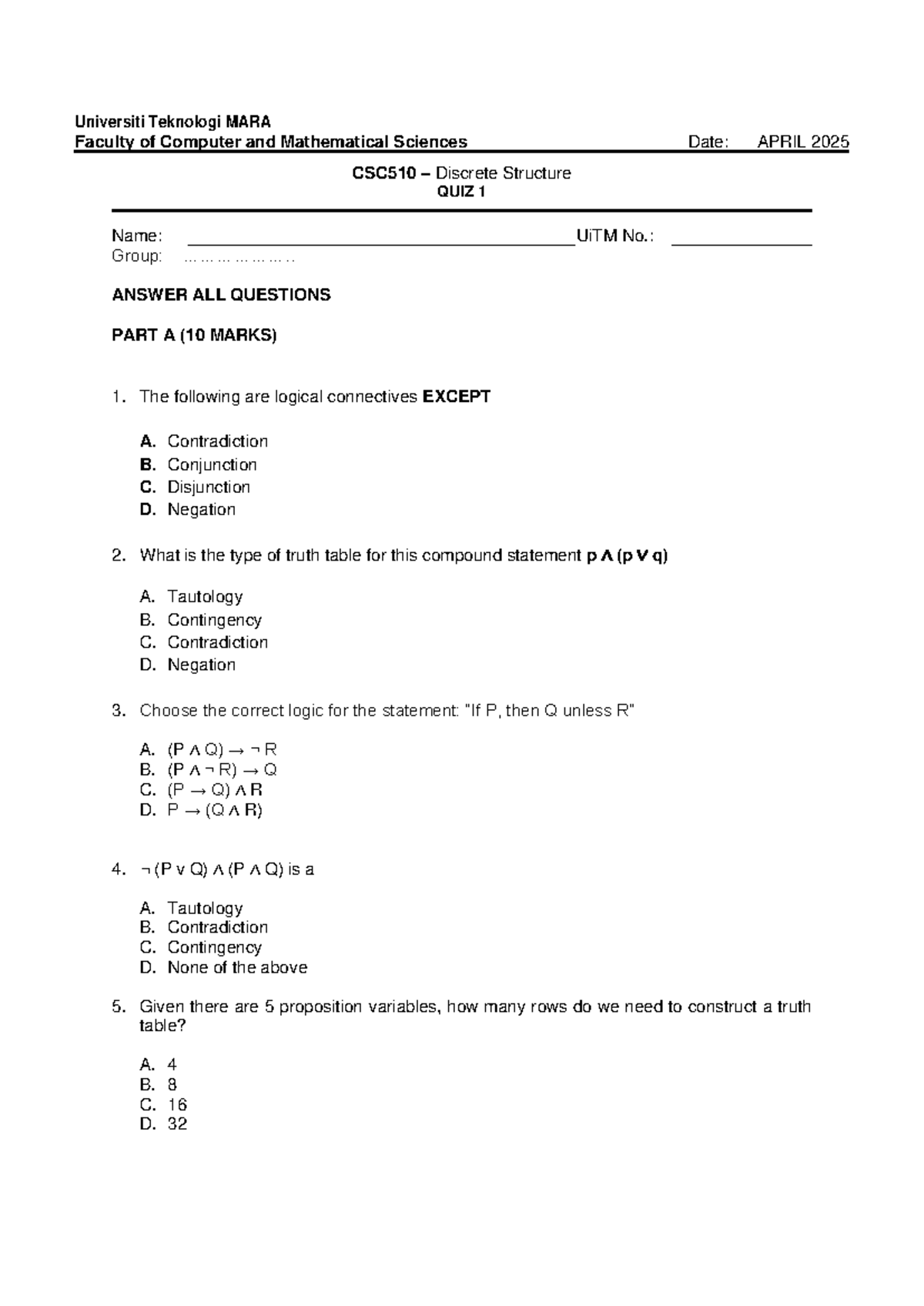 QUIZ 1 CSC510 Discrete Structure - Set 2 (April 2025) - Studocu