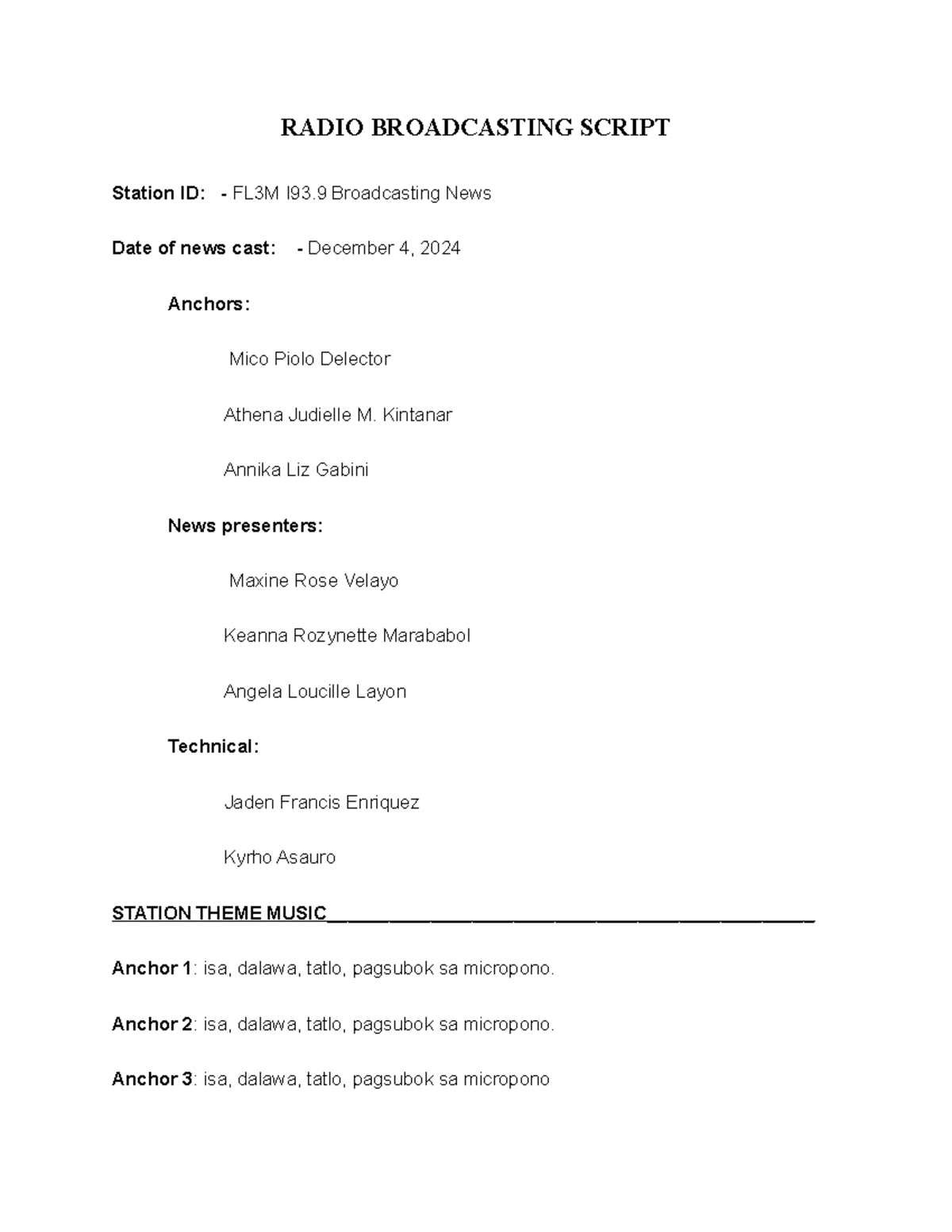 FL3M I93 Radio Broadcasting Script - December 4, 2024 Newscast - Studocu