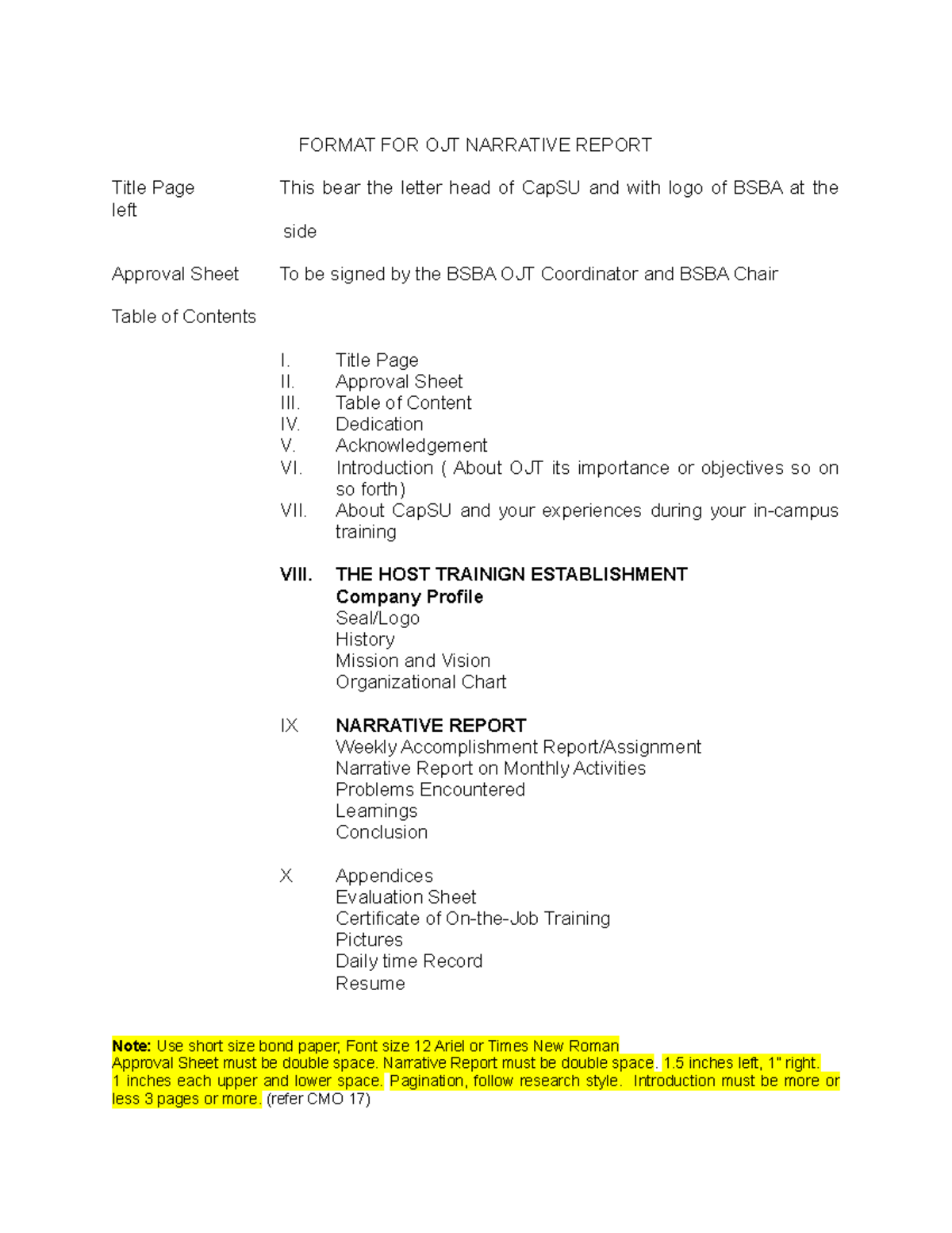 OJT Narrative Report Format for BSBA Students - Studocu