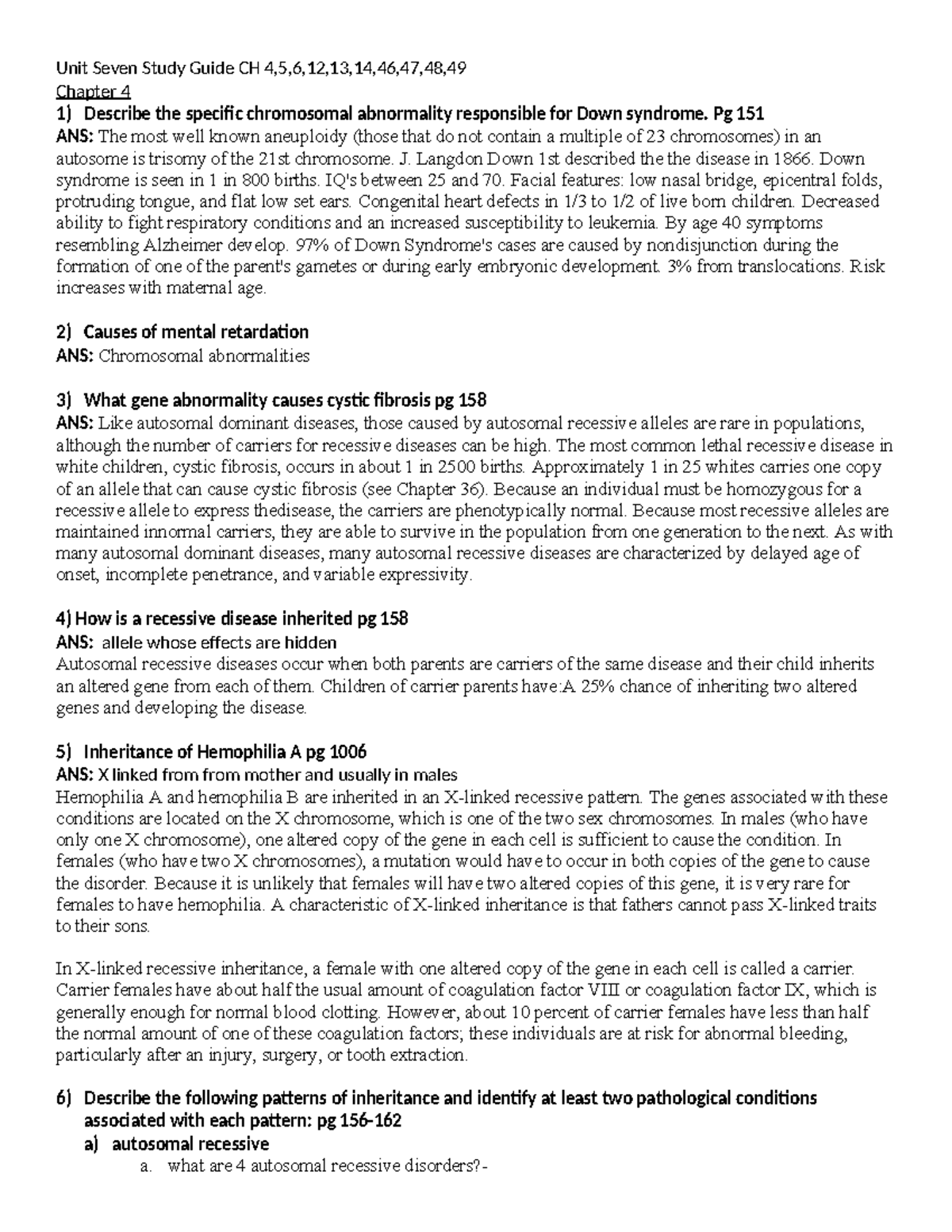 Unit 7 Study Guide: Chromosomal Abnormalities and Disease Inheritance ...