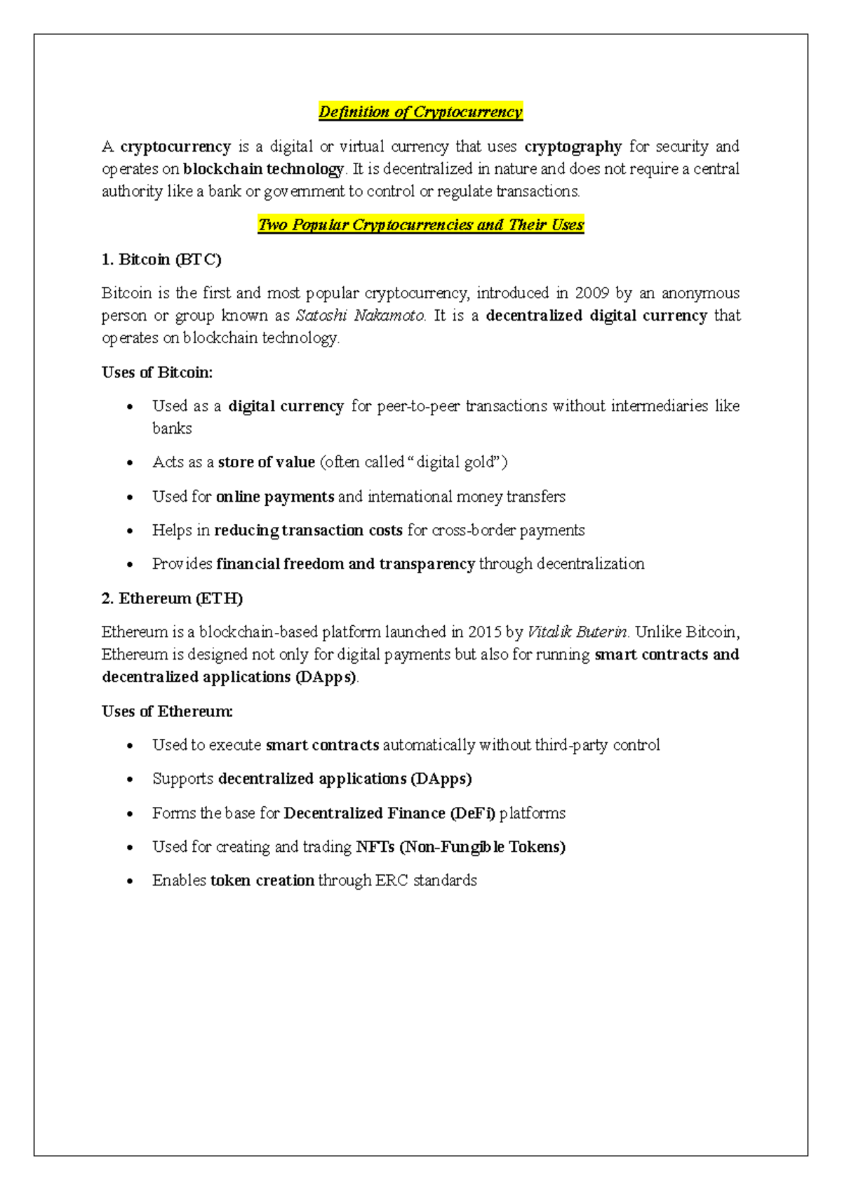 Cryptocurrency Overview: Bitcoin (BTC) & Ethereum (ETH) Uses - Studocu