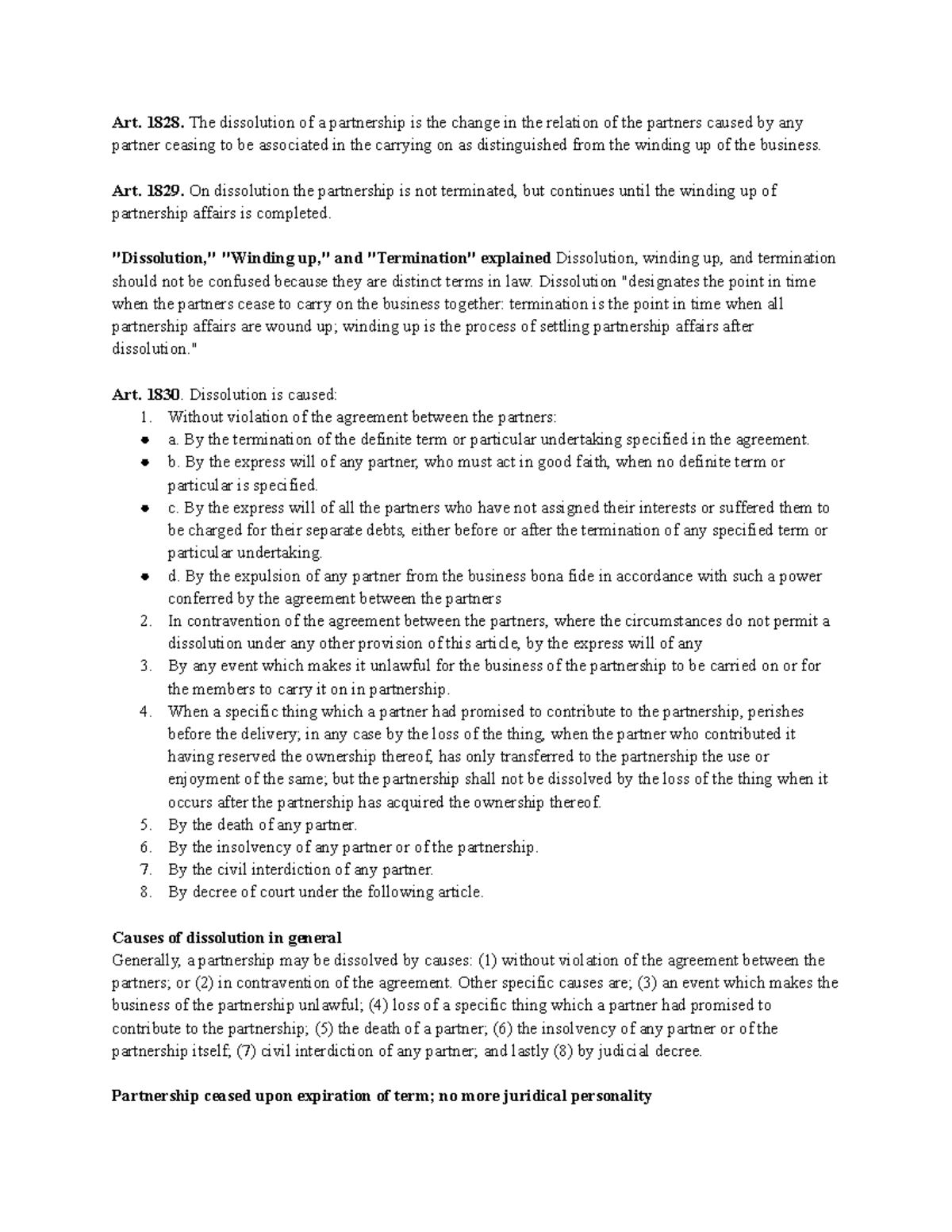 Partnership Law: Articles 1828-1853 Overview and Key Concepts - Studocu