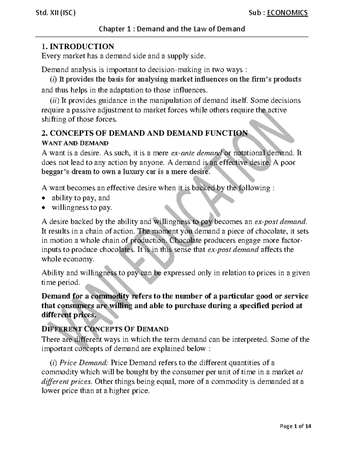 Economics Std. XII (ISC) Ch-1 Demand Theory Overview and Analysis - Studocu