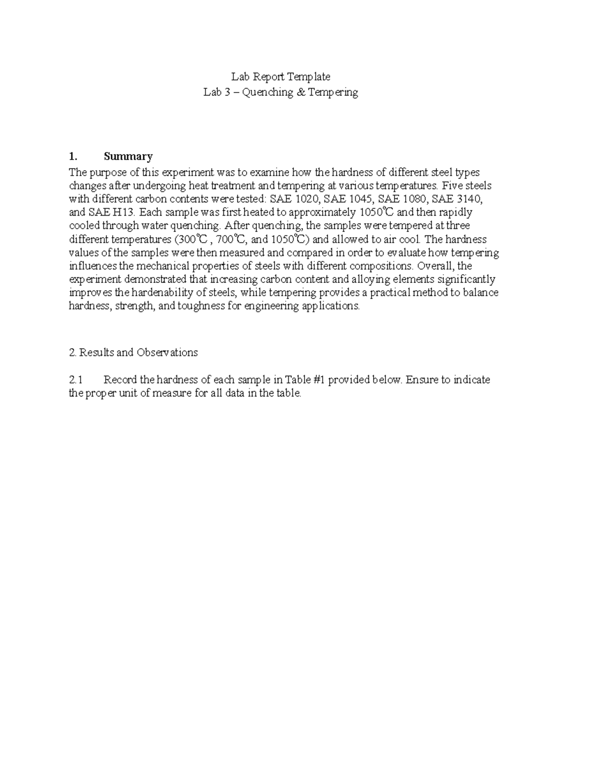 Lab Report Template: MAAE2700L2 Lab 3 - Quenching and Tempering Summary ...
