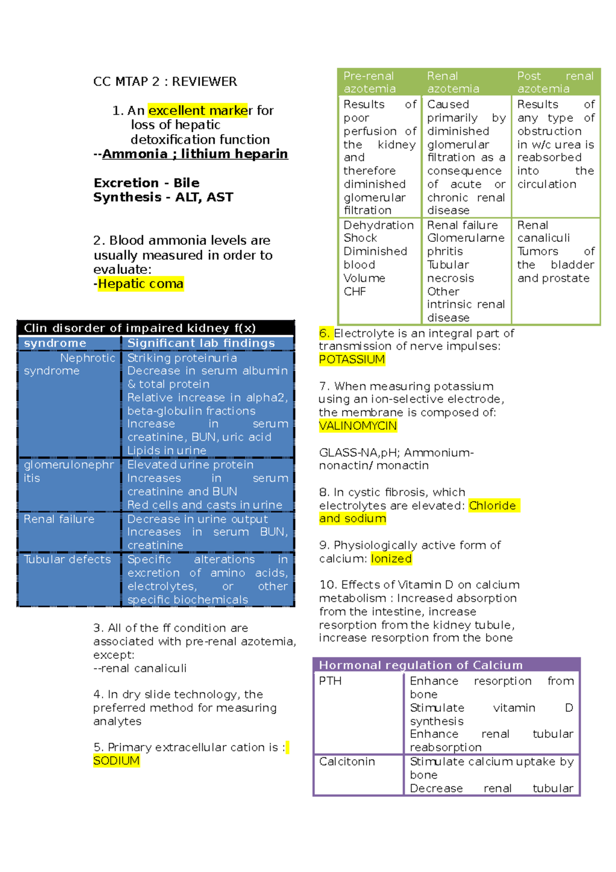 Mtap-cc2 - Clinical Chemistry 2 Reviewer Notes and Key Concepts - Studocu
