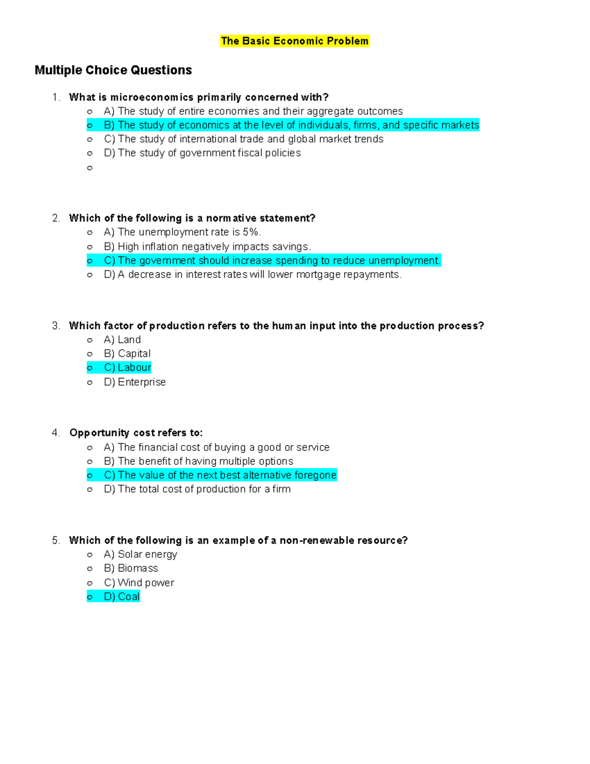 Revision Questions for Economics 101: MCQs & Short Answers - Studocu