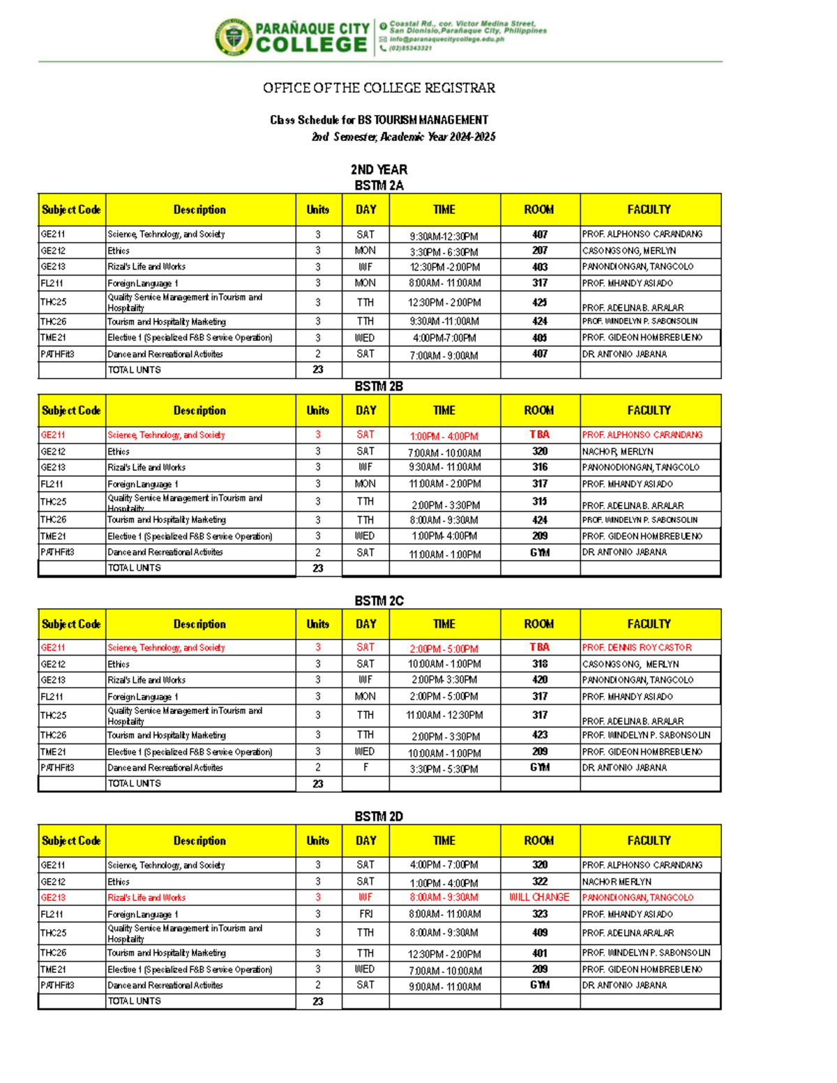 BSTM 2ND YEAR 1ST SEMESTER CLASS SCHEDULE & FACULTY DETAILS - Studocu