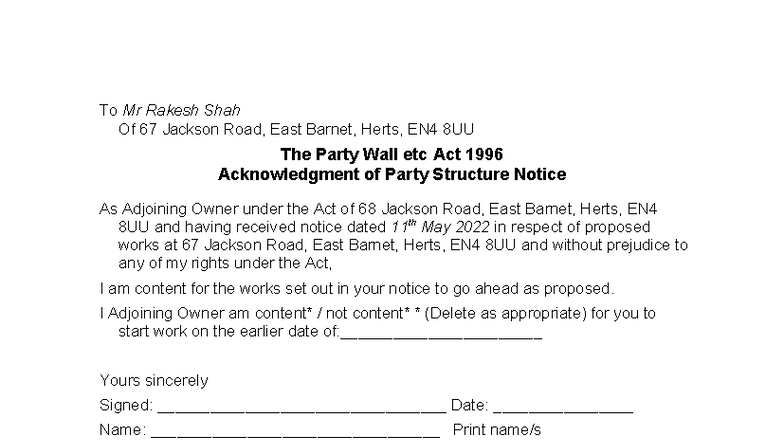 Letter re Party Wall - Positive Response (Party Wall Act 1996) - Studocu