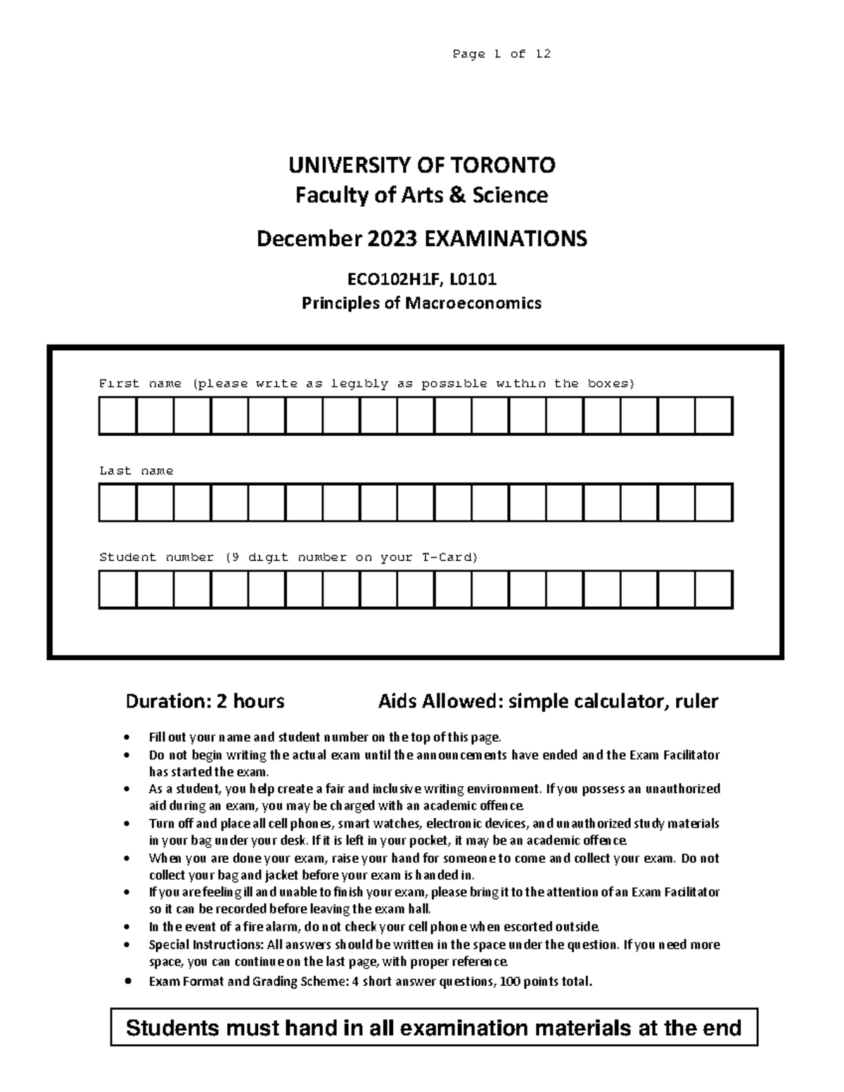 ECO102H1F Final Exam - Principles of Macroeconomics December 2023 - Studocu