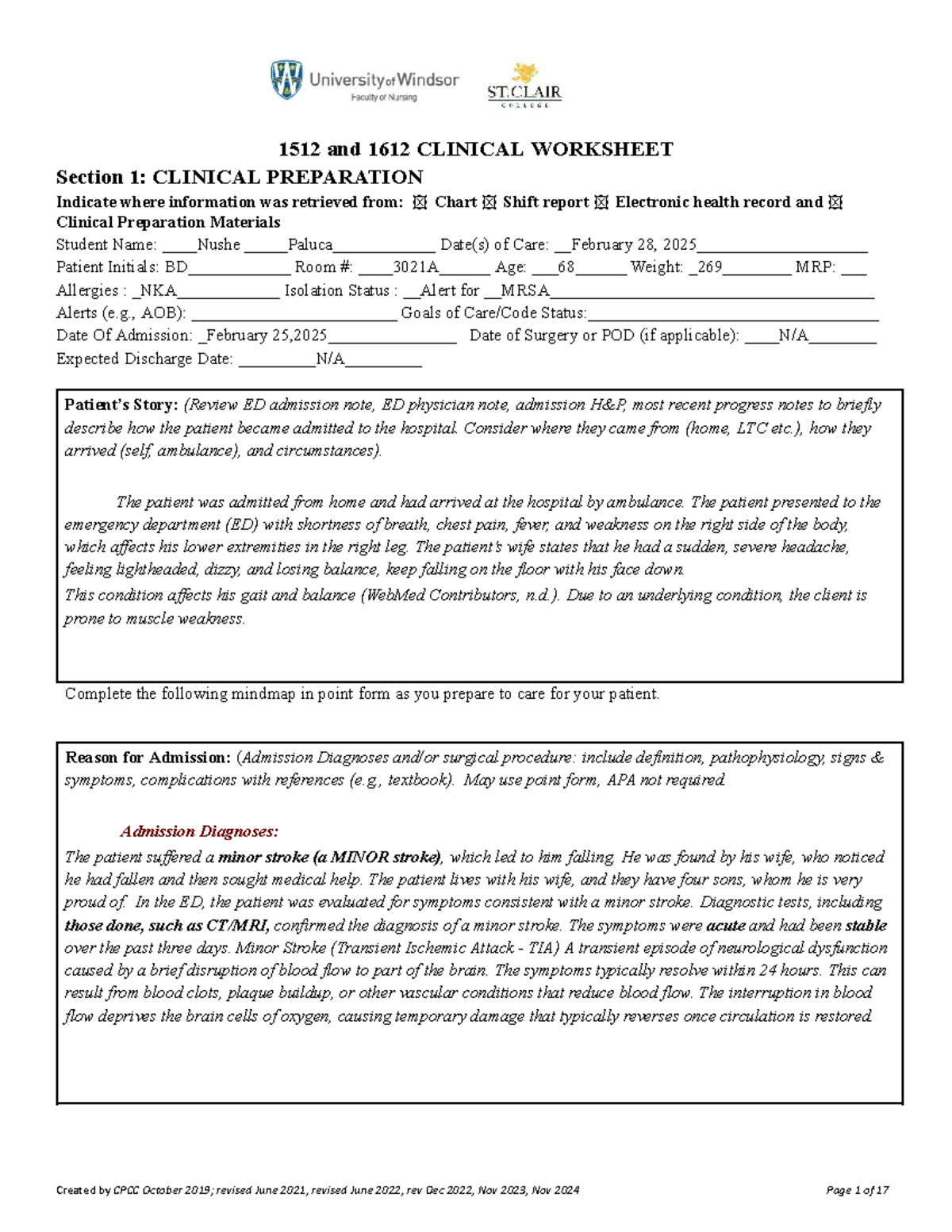 NURS 1512 & 1612 Clinical Worksheet: Patient Care & Management Plan ...