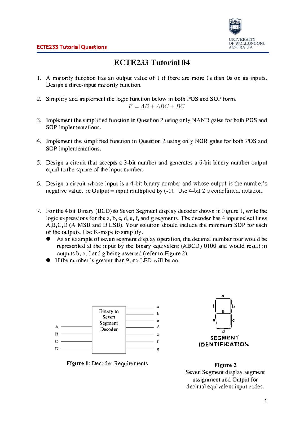 ECTE233 Tutorial 04: Logic Design and Circuit Implementation Questions ...
